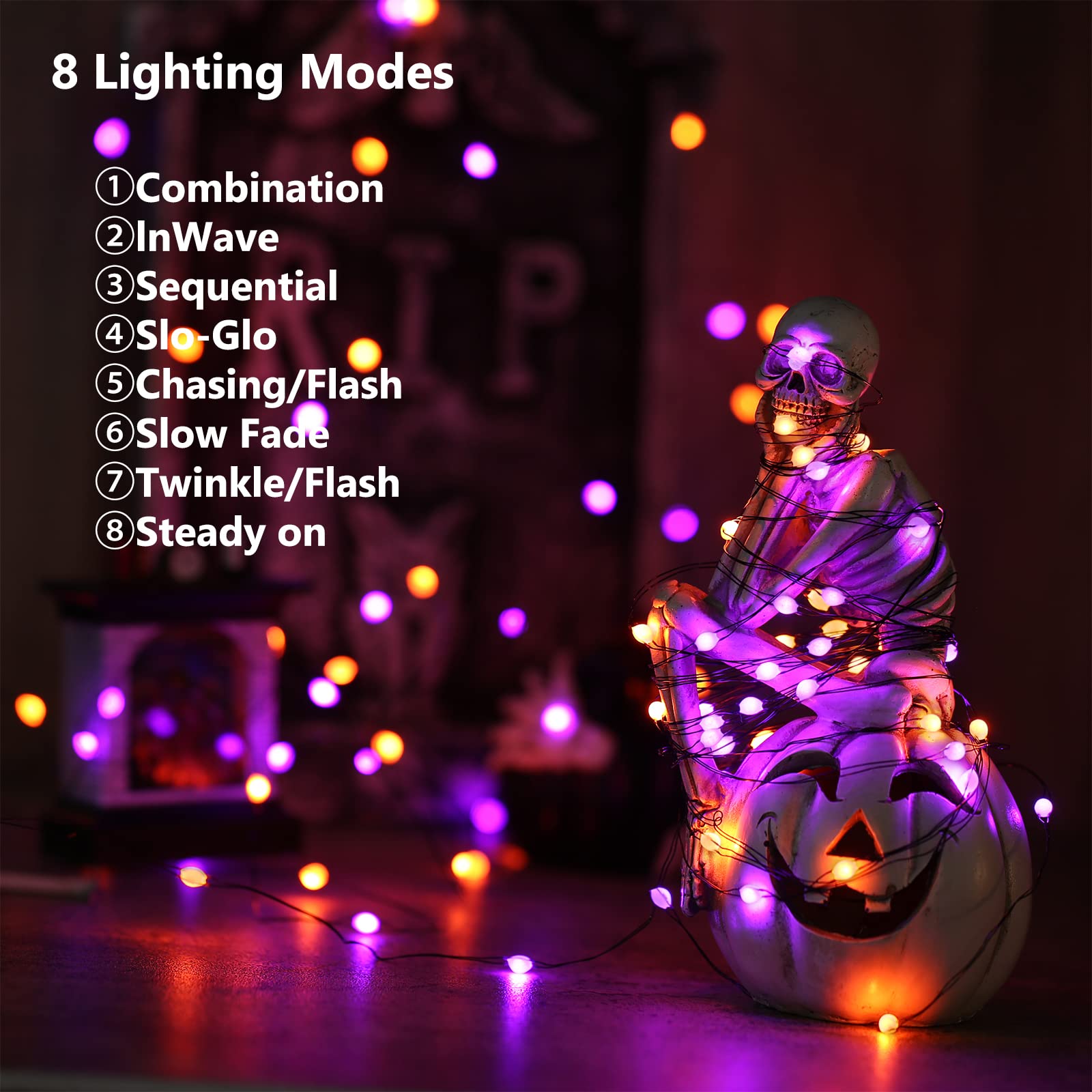 iBaycon 2 Pack 50 LED Halloween String Lights - 16.4ft Battery Operated Orange & Purple Waterproof Fairy Lights with 8 Modes & Timer - Indoor Outdoor Halloween Party Decorations for Yard, Porch, Window, Pumpkin Display
