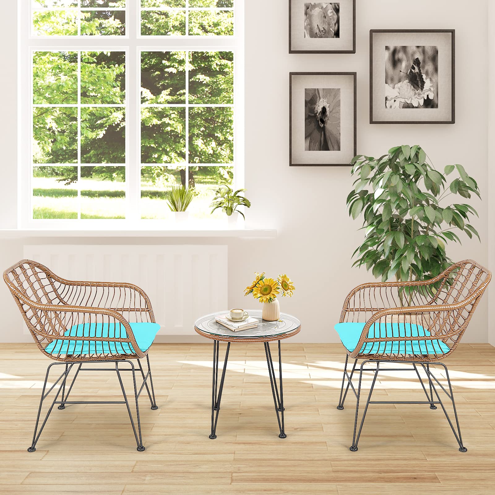 RELAX4LIFE 3-Piece Outdoor Rattan Bistro Set with Tempered Glass Table & 2 Armchairs - Patio, Porch, Garden Furniture for Relaxing, Entertaining & Dining (Turquoise)