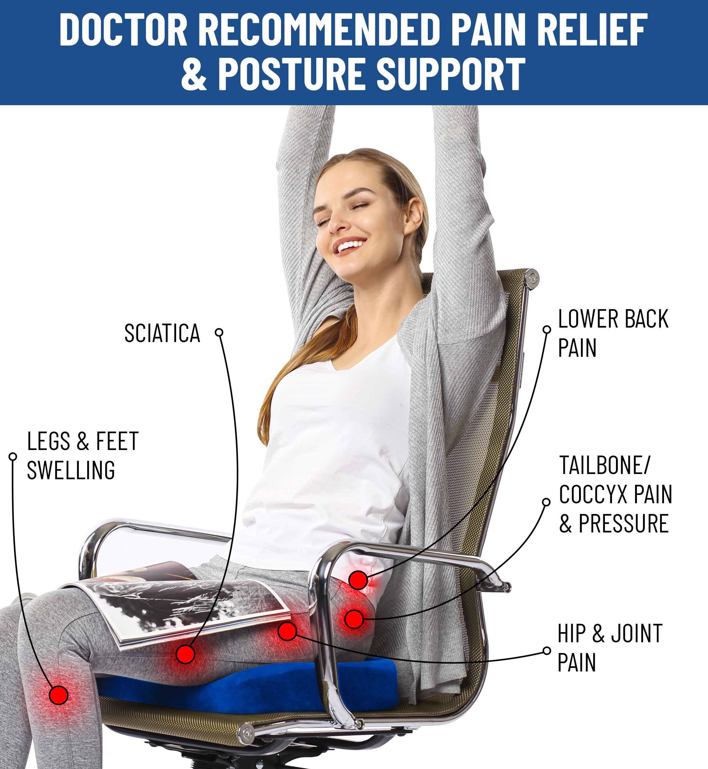 Everlasting Comfort Memory Foam Seat Cushion for Office & Car - Orthopedic Support for Tailbone Pain, Sciatica & Back Relief | Doctor Recommended, HSA/FSA Eligible | Perfect for Work, Driving & Long Sitting