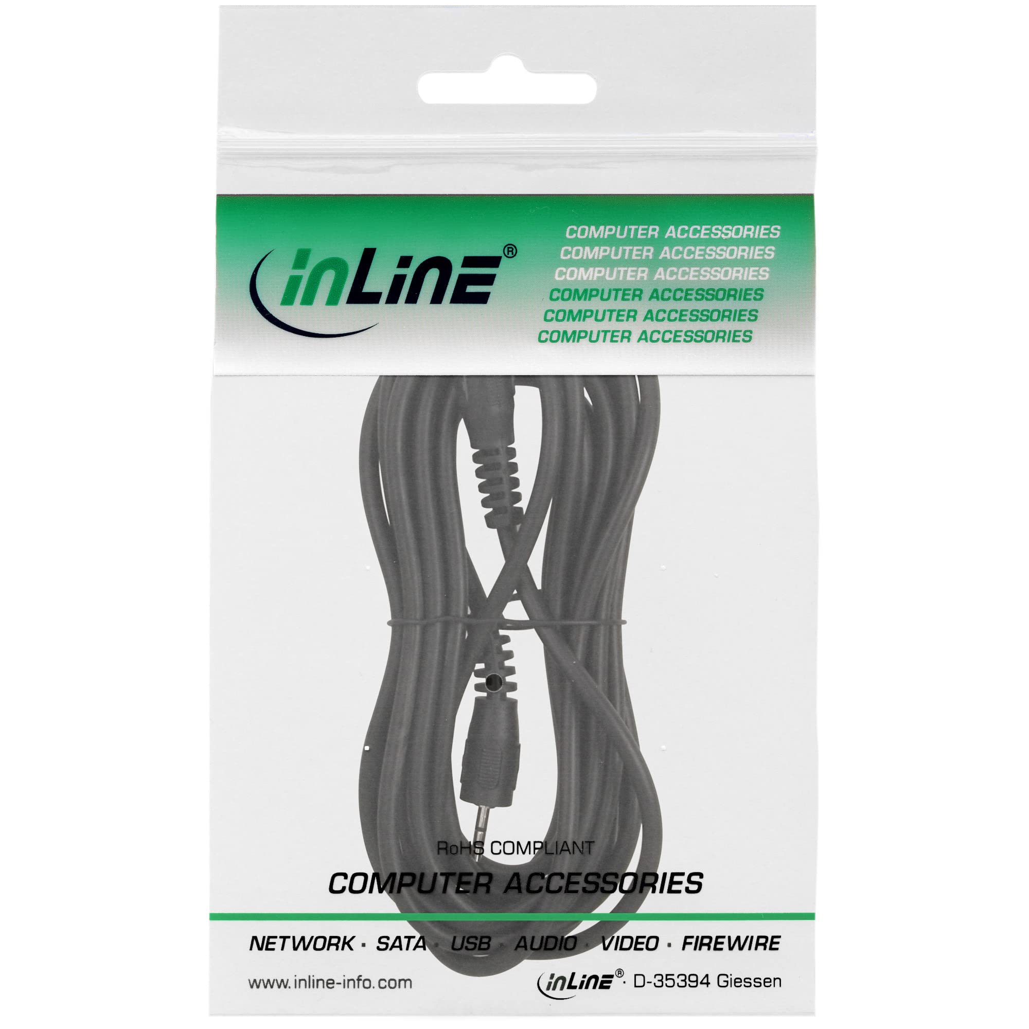 InLine 99936G 2.5mm Stereo Audio Cable - 5m Male to Male Jack Cord for Headphones, Speakers & Home Theater Systems | High-Quality Audio Connection for Music, Gaming & Entertainment