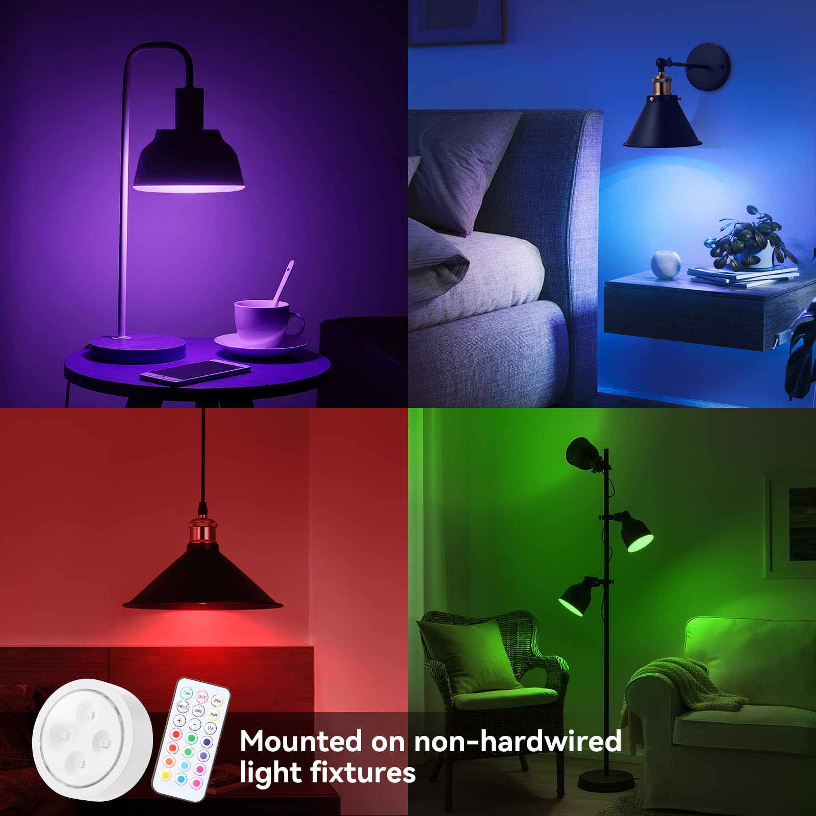 2 Pack Battery Operated LED Light Bulbs - Dimmable E26 Base, 13 Color RGB Changing Puck Lights with Remote Control & Memory Function - Perfect for Non-Electric Chandeliers, Wall Sconces, Closets, Camping & Emergency Lighting