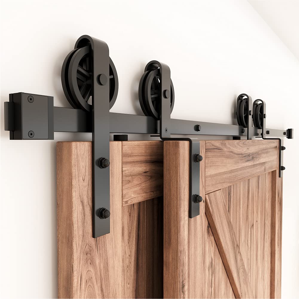 ZEKOO 5-14 FT Bypass Sliding Barn Door Hardware Kit - Single Track System for Double Wooden Doors - One-Piece Rail Flat Track with Spoke Wheel Rollers (6 Feet) - Perfect for Farmhouse, Rustic Home & Loft Style Interior Design