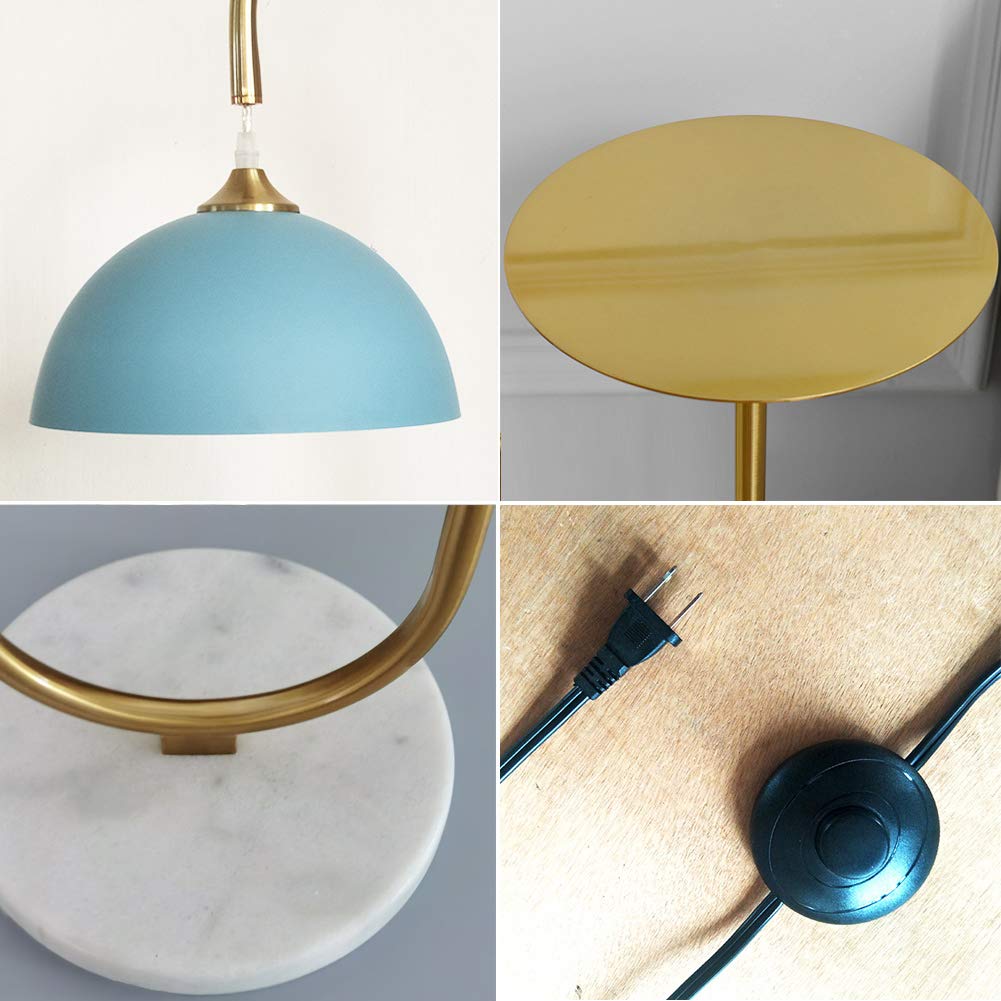 Modern LED Floor Lamp with Table - Brushed Brass Finish & Blue Shade for Bedroom, Living Room, Reading Light | Stylish Standing Lamp for Home Office, Study & Lounge Areas
