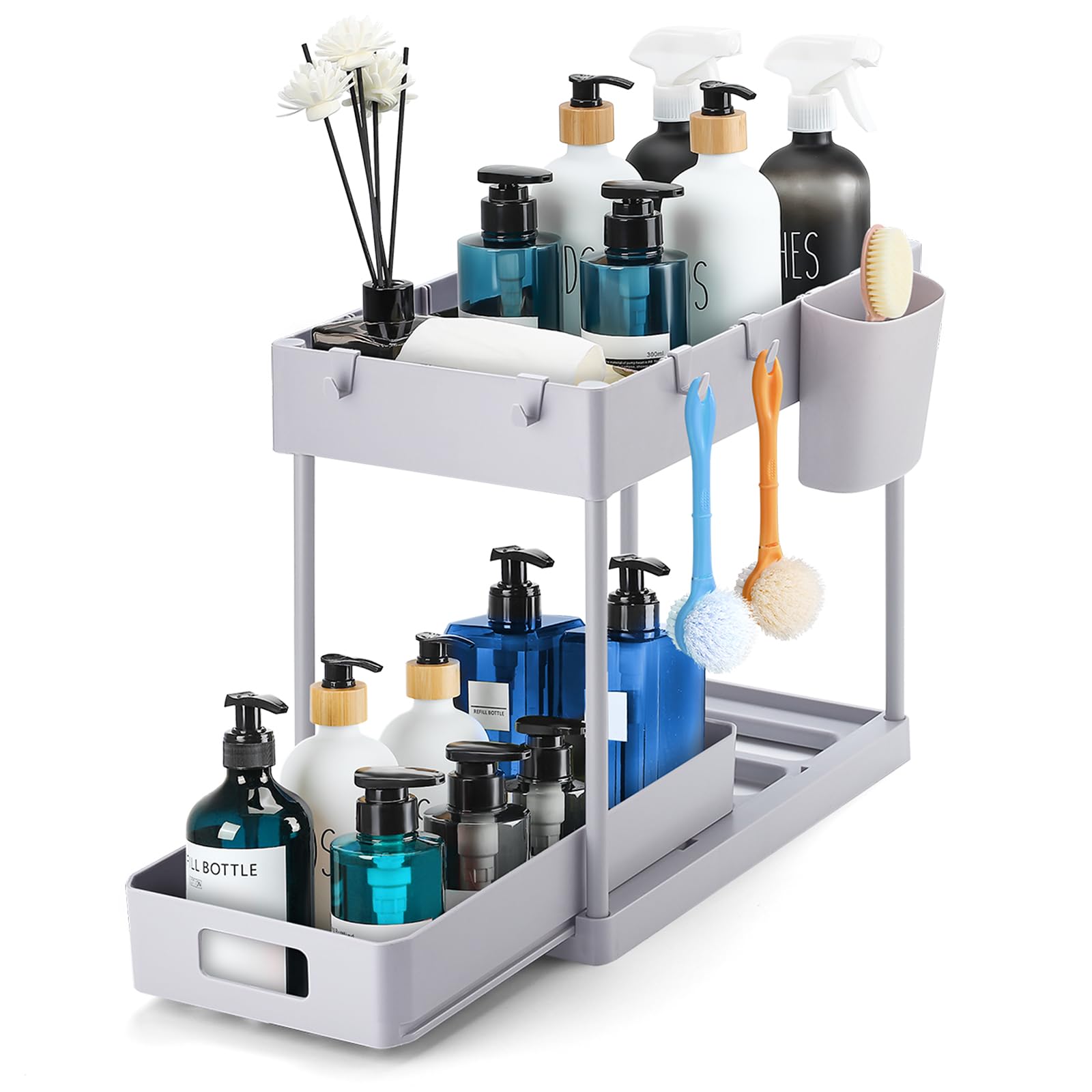 Ravinte 1 Pack Pull Out Under Sink Organizer - 2 Tier Sliding Cabinet Storage for Bathroom & Kitchen - Multi-Purpose Sink Organizer with Hook & Hanging Cup (Grey) - Perfect for Small Spaces, Clutter-Free Organization Under Sink