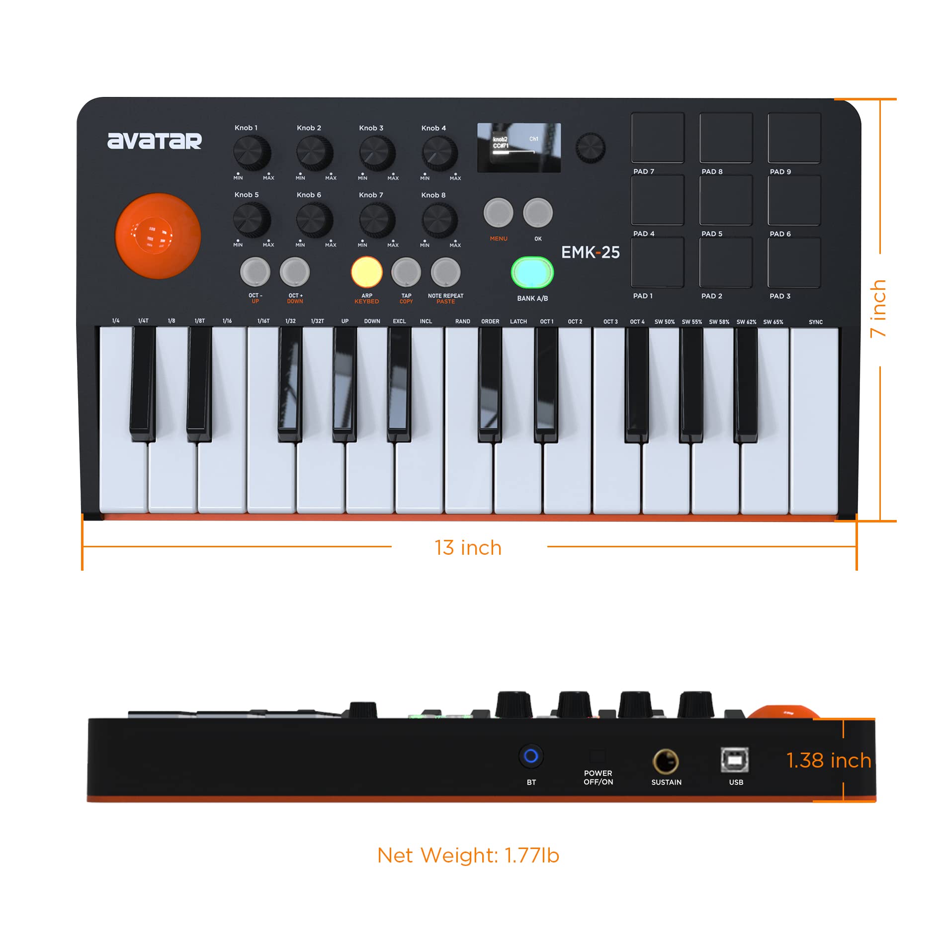 Portable 25-Key Bluetooth MIDI Keyboard Controller with 9 Backlit Beat Pads, OLED Display & 8 Knobs - USB/Battery Powered for Music Production, DJing & Live Performances - Includes DAW Software for Home Studio & On-the-Go Music Creation