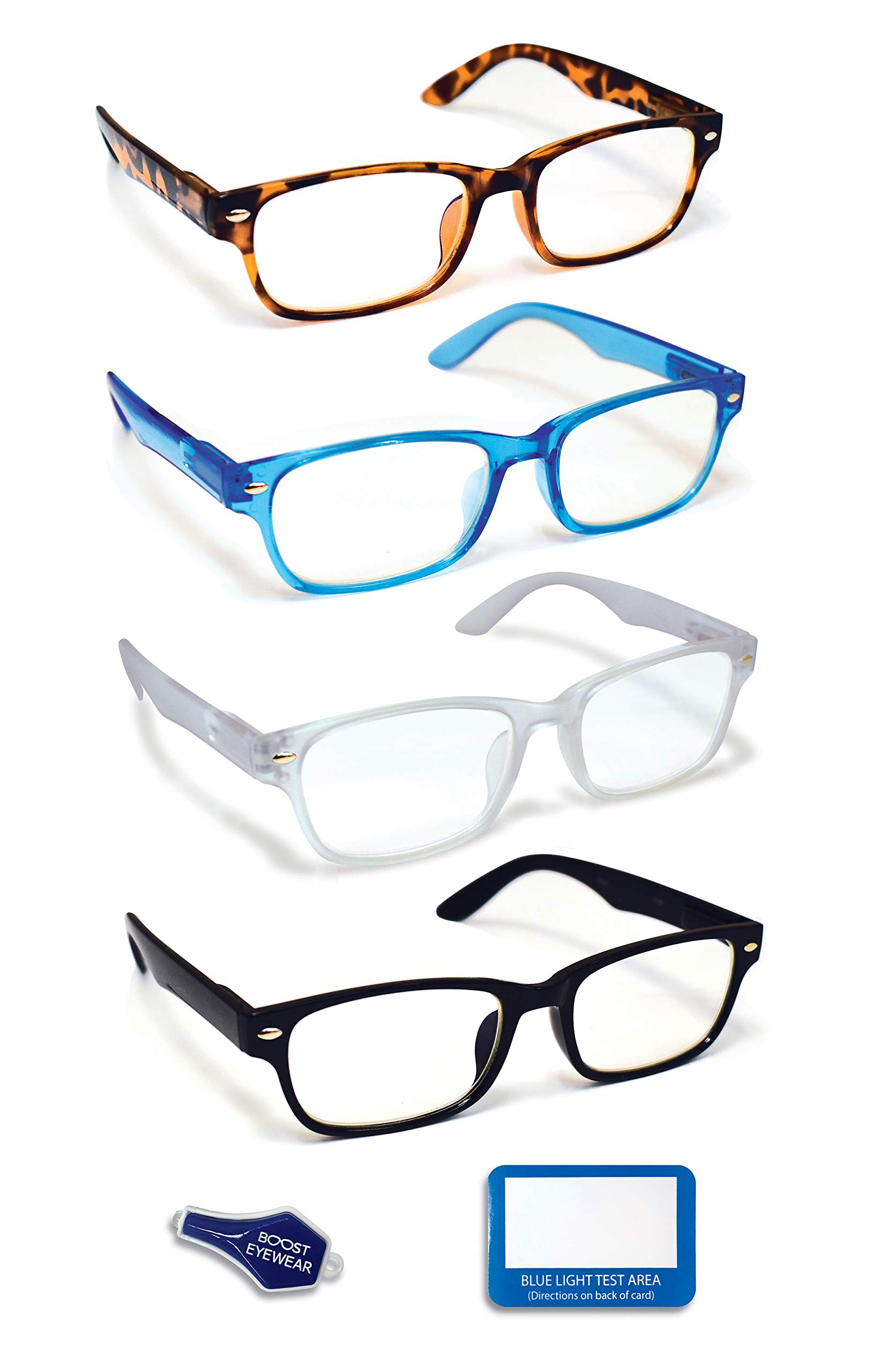 Boost Eyewear Blue Light Blocking Reading Glasses - 4 Pack with Assorted Colors for Computer, Gaming & Office Use - Reduce Eye Strain & Improve Sleep Quality