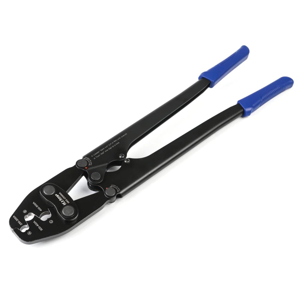 IWS 25500A Battery Cable Crimper Tool for 250A to 500A Open Barrel Lugs - Lead Free OEM Battery Terminals - Perfect for Automotive, Marine, and Solar Power Applications