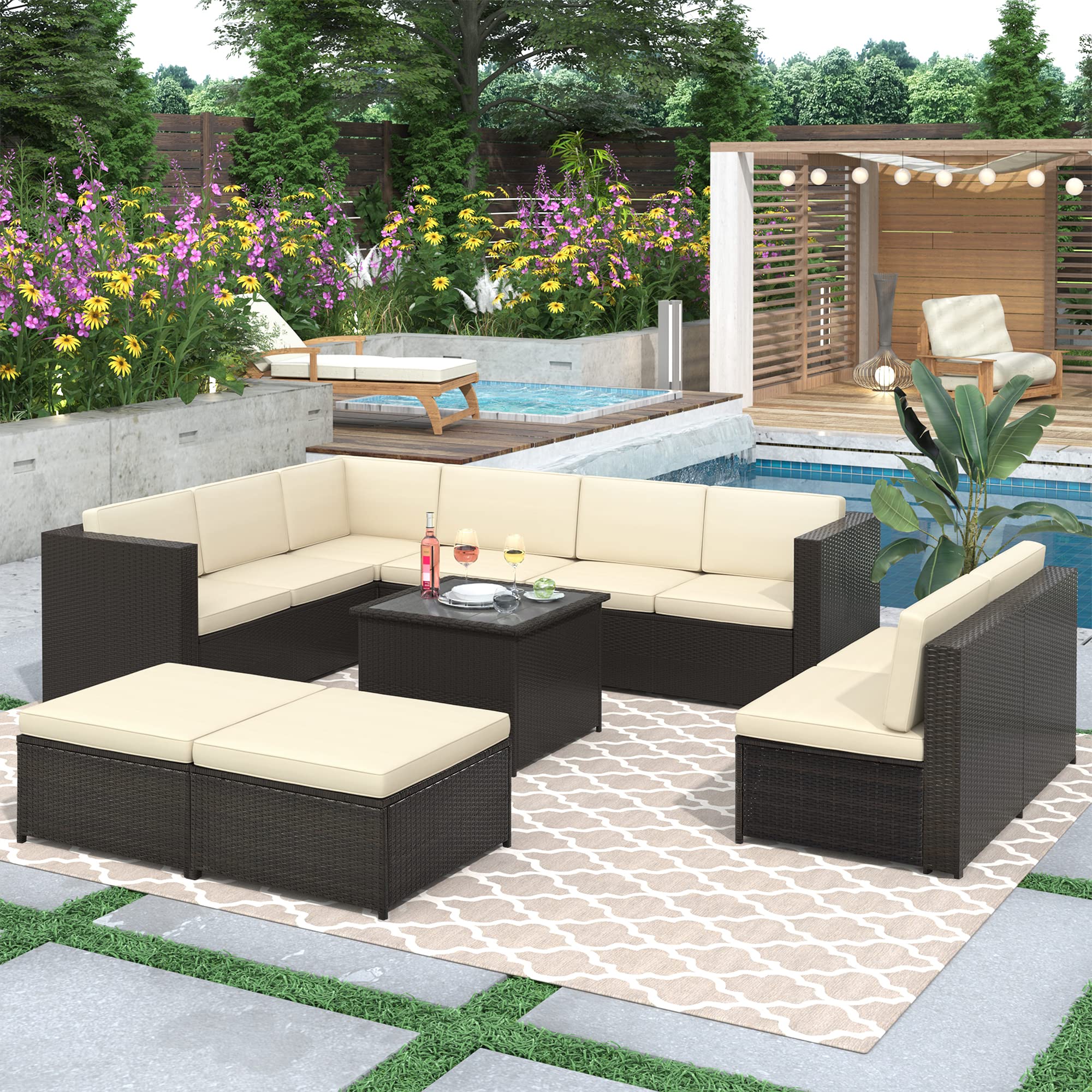 Merax 9-Piece Outdoor Patio Furniture Set - PE Wicker Rattan Sectional Sofa with Coffee Table & Ottoman - Perfect for Garden, Backyard, Poolside & Outdoor Entertaining