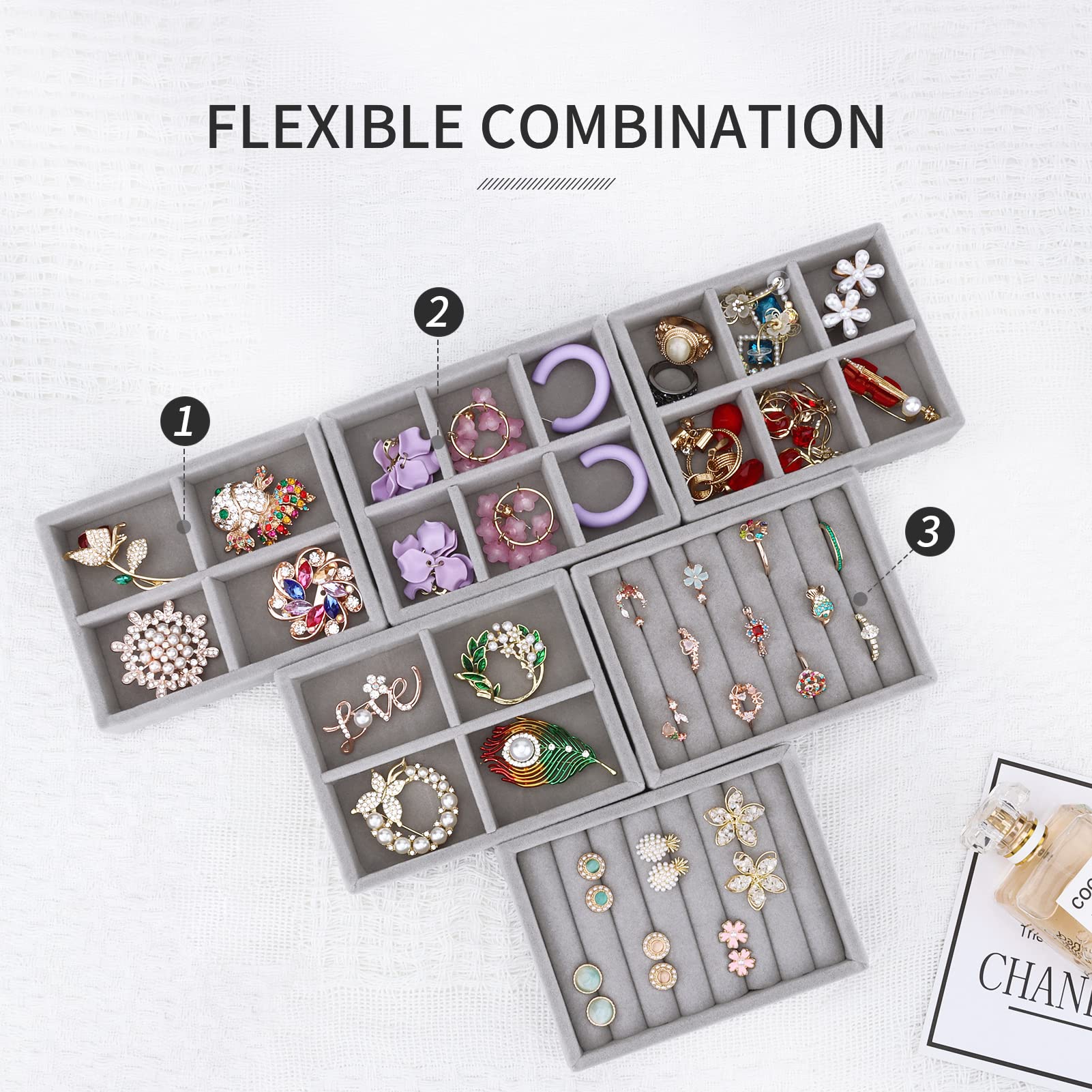 DesignSter Small Jewelry Tray - 2PCS Velvet Ring Organizer & Stackable Jewelry Display Tray, Jewelry Drawer Organizer Inserts for Dresser and Jewelry Box (Gray) - Perfect for Bedroom Vanity, Travel Jewelry Storage and Gift Giving