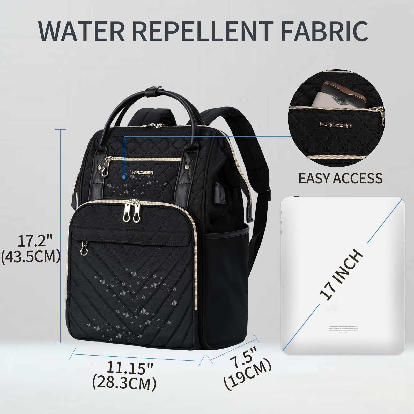 KROSER 17 Inch Laptop Backpack - Water Resistant USB Charging Port College Backpack for Men & Women - Stylish Quilted Design Business Travel Bag & Work Daypack - Perfect for Office, School, Commuting and Airplane Carry-On