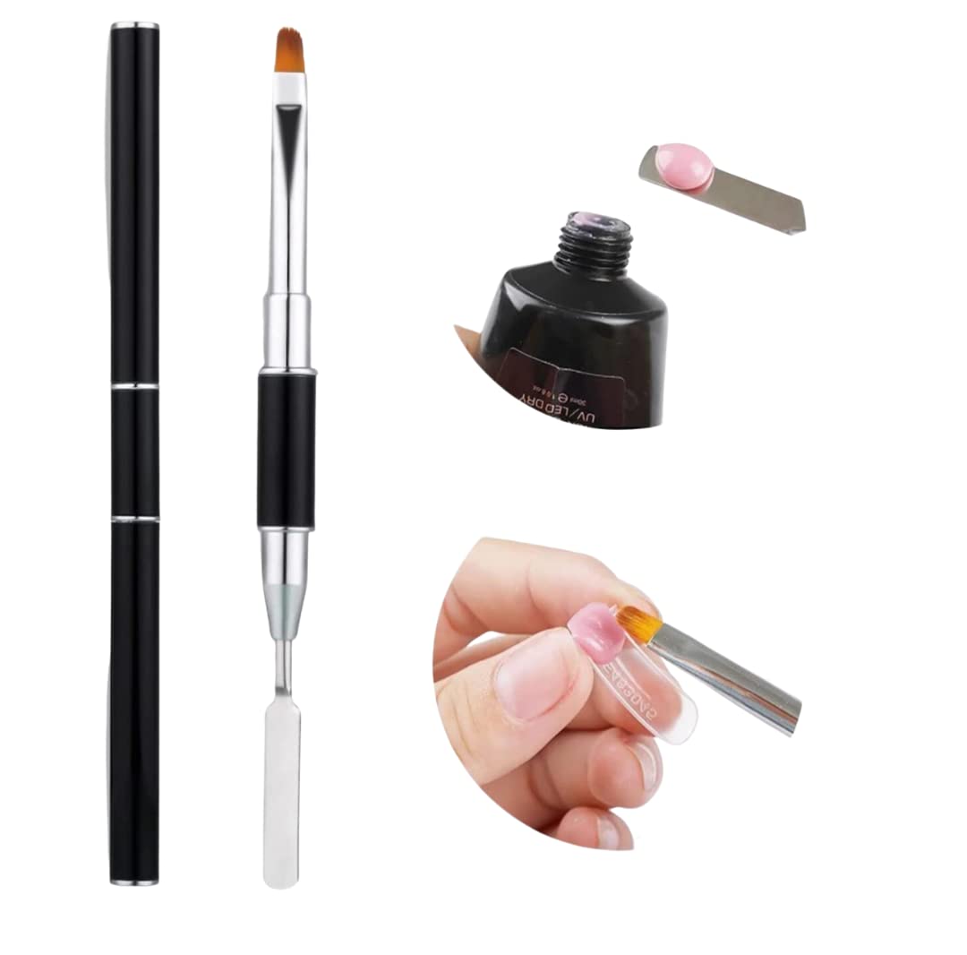 Professional Dual-Ended Nail Brush & Stainless Steel Picker - Nail Extension Gel Tool for Builder Gel Application - Perfect for Salon & DIY Manicures at Home (Black)