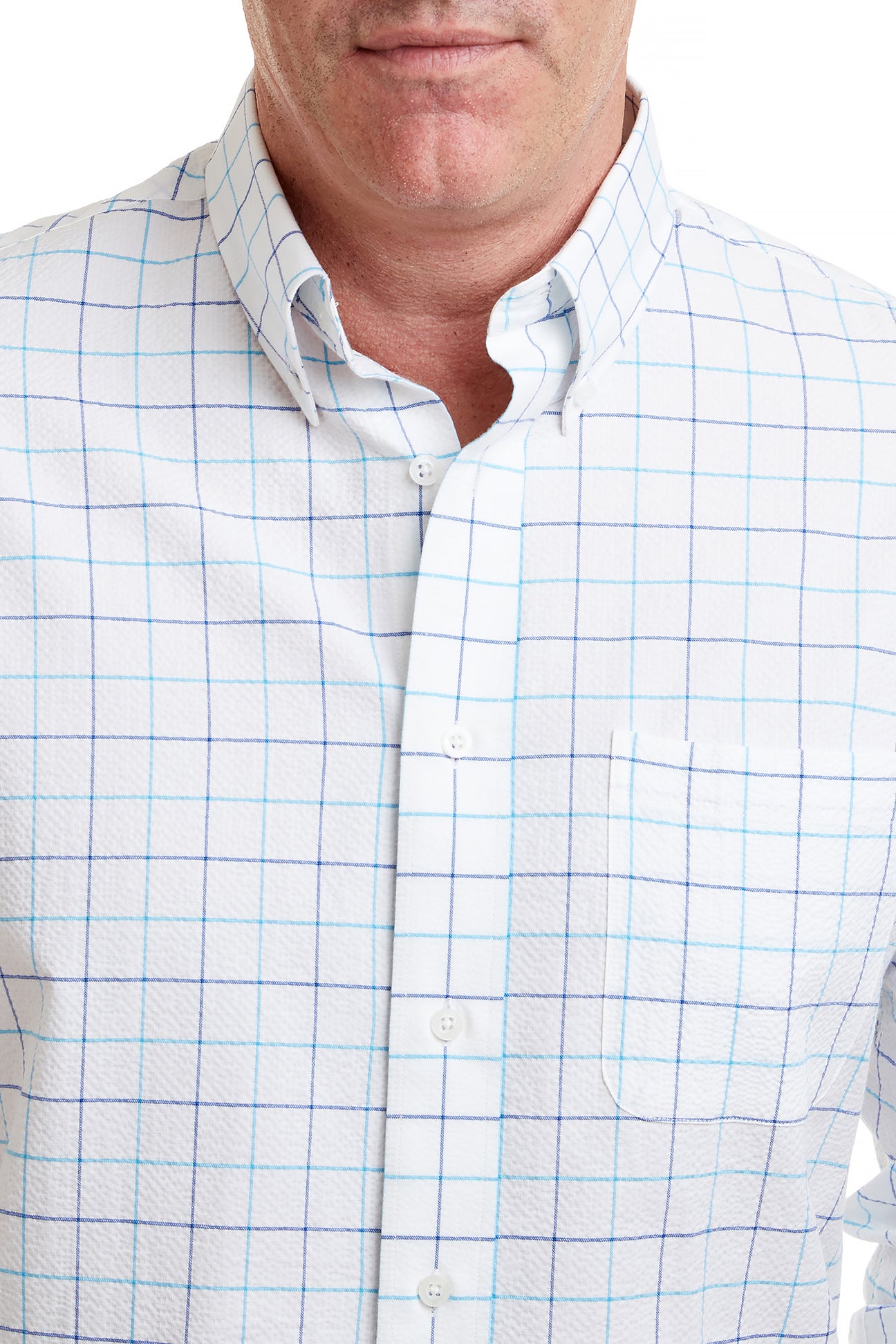 Blue and Navy Windowpane Seersucker Chase Shirt - Perfect for Summer Casual Wear & Outdoor Events