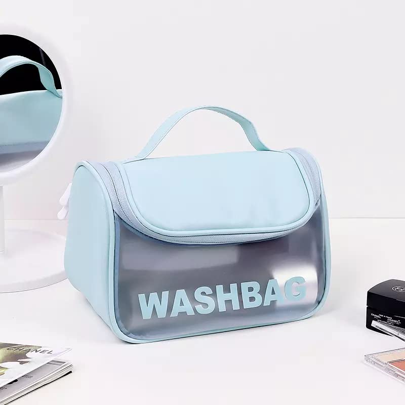 VALAMJI Clear PVC Zipper Cosmetic Travel Bag - Waterproof Toiletry Organizer for Makeup & Skincare - Portable Wash Bag for Women & Girls (Blue) - Perfect for Air Travel, Gym, Camping & Beach Trips