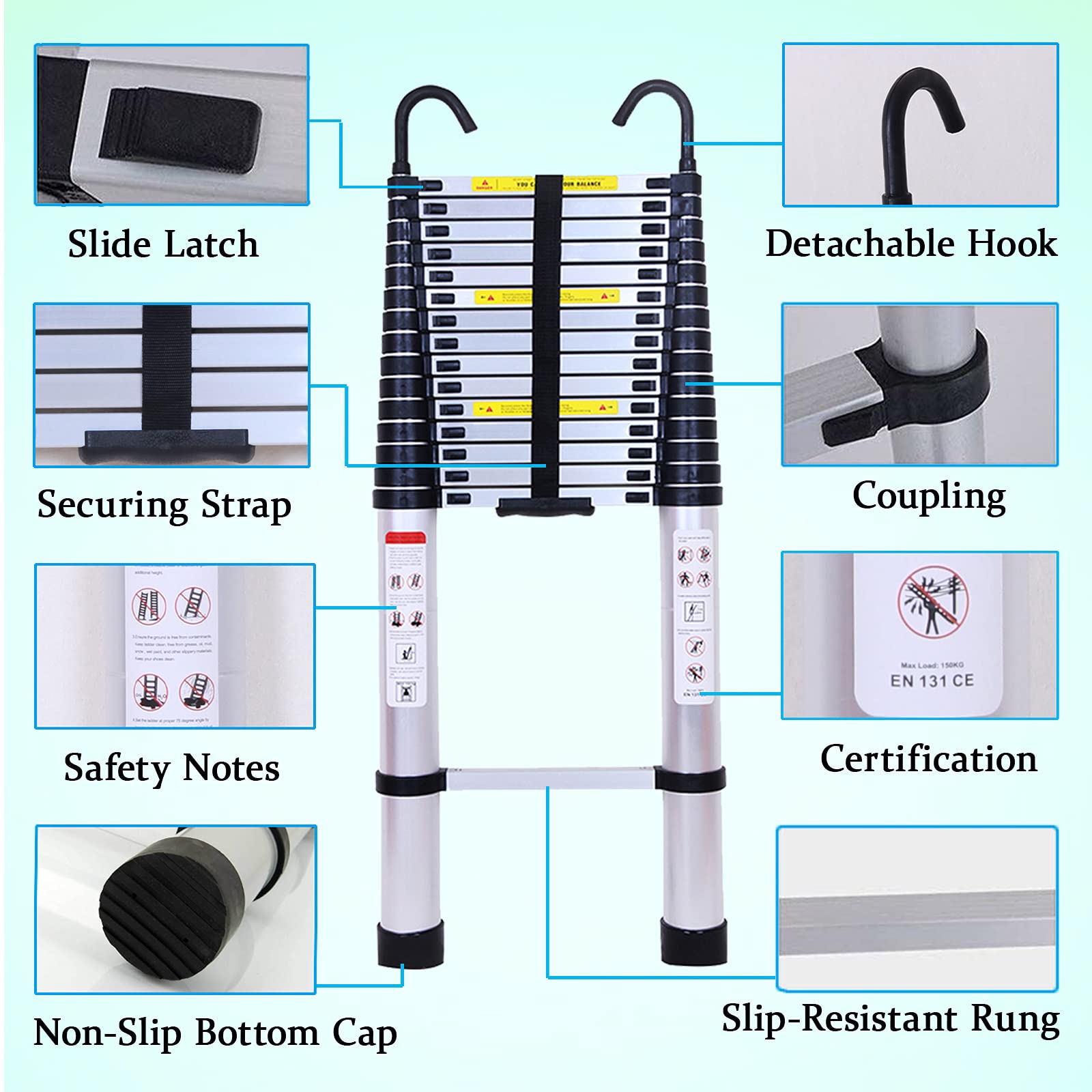 20.5FT Telescoping Ladder with Slow Down Safety Design - 300LBS Capacity, Anti-Slip Rungs & Lightweight Aluminum Construction - Spring Loaded Locking Mechanism, Adjustable Height for Easy Storage - Perfect for Home Roof Access, RV Maintenance, and Indoor/Outdoor Projects