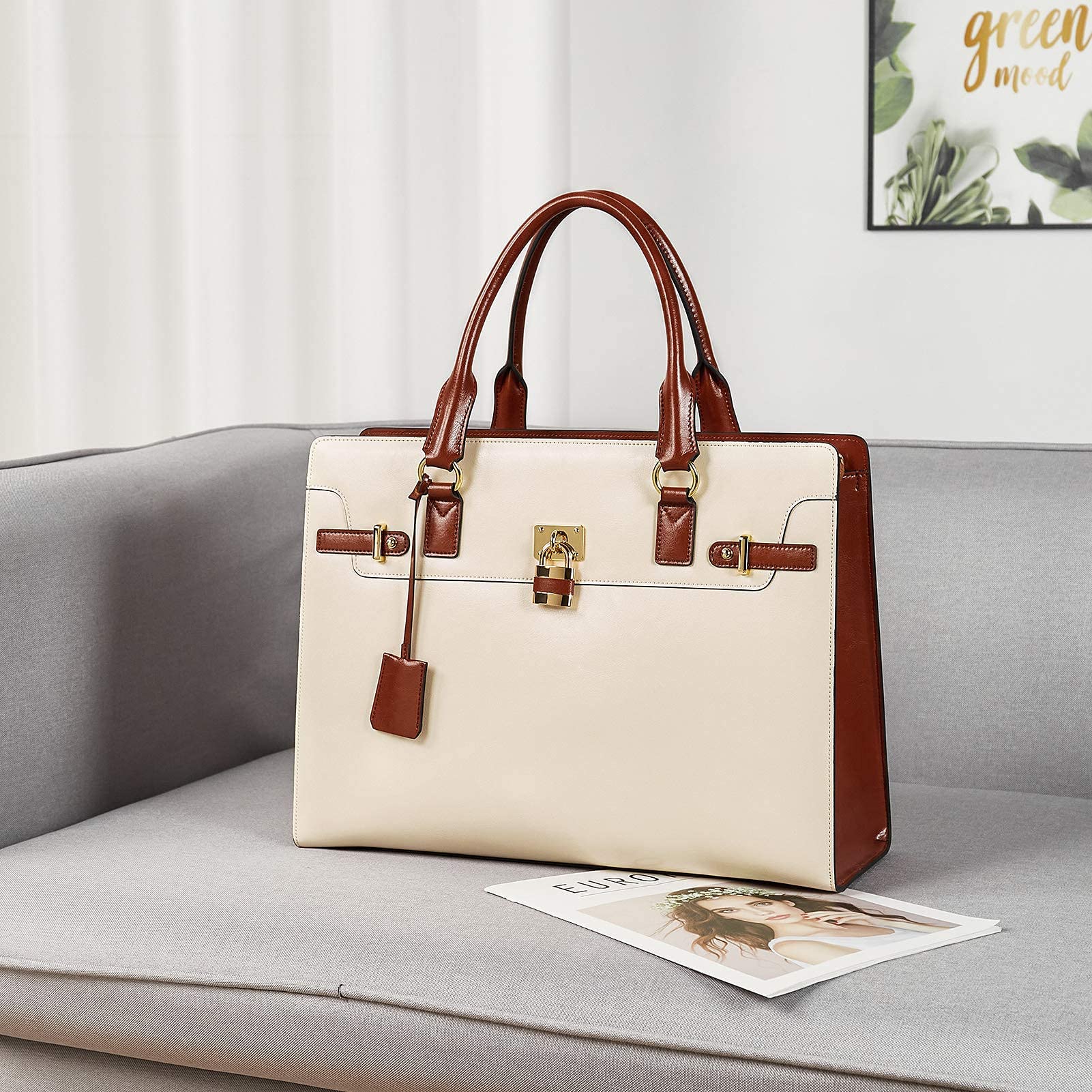 BOSTANTEN Women's Leather Laptop Briefcase - 15.6 Inch Professional Work Tote Bag with Shoulder Strap & RFID Blocking Wallet Set | Stylish Beige Office Handbag for Business Women, Commuting & Travel