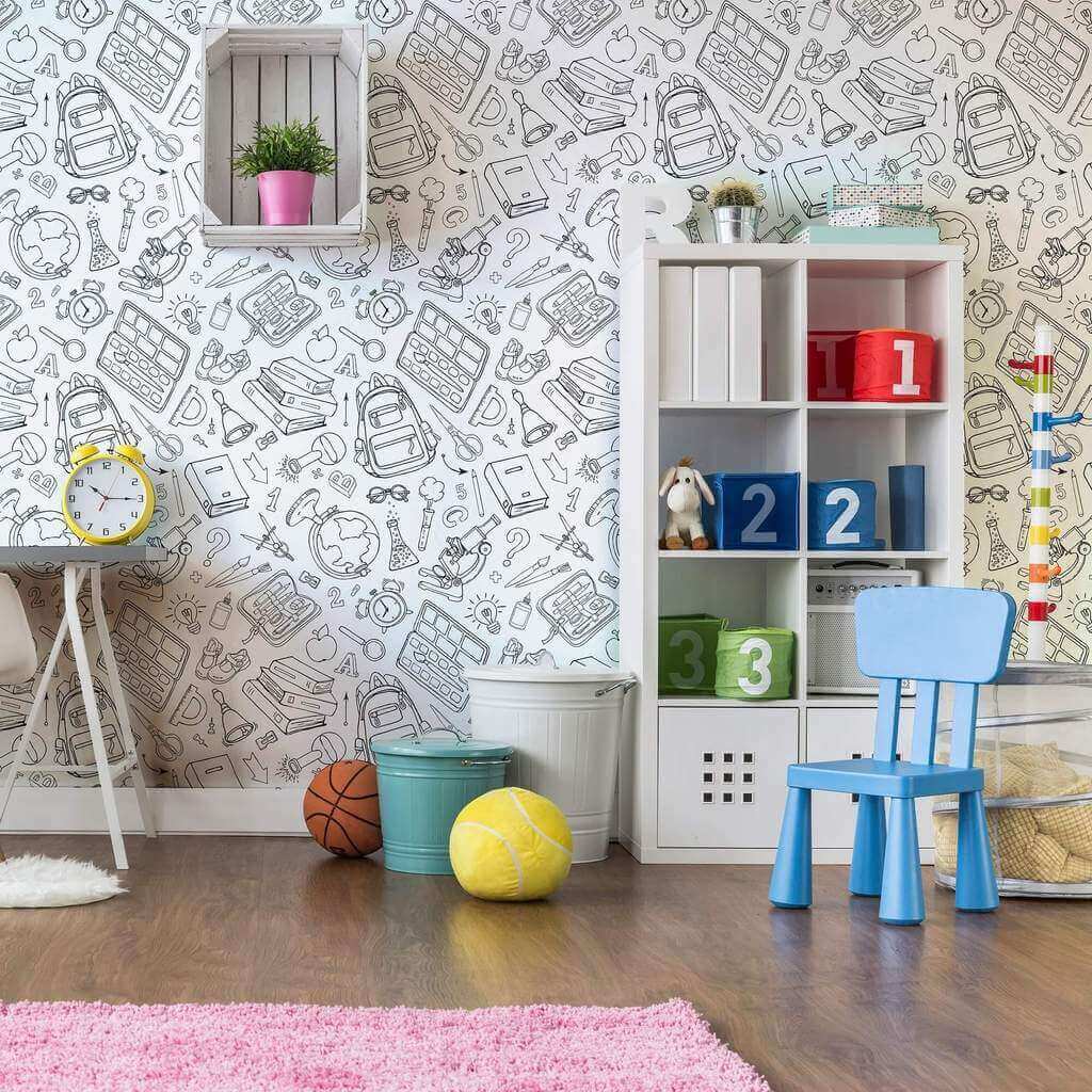 Black and White Peel and Stick Removable Wallpaper for Kids - School Themed Self-Adhesive Decor (Design #9826) - Perfect for Nursery, Classroom, or Playroom Walls