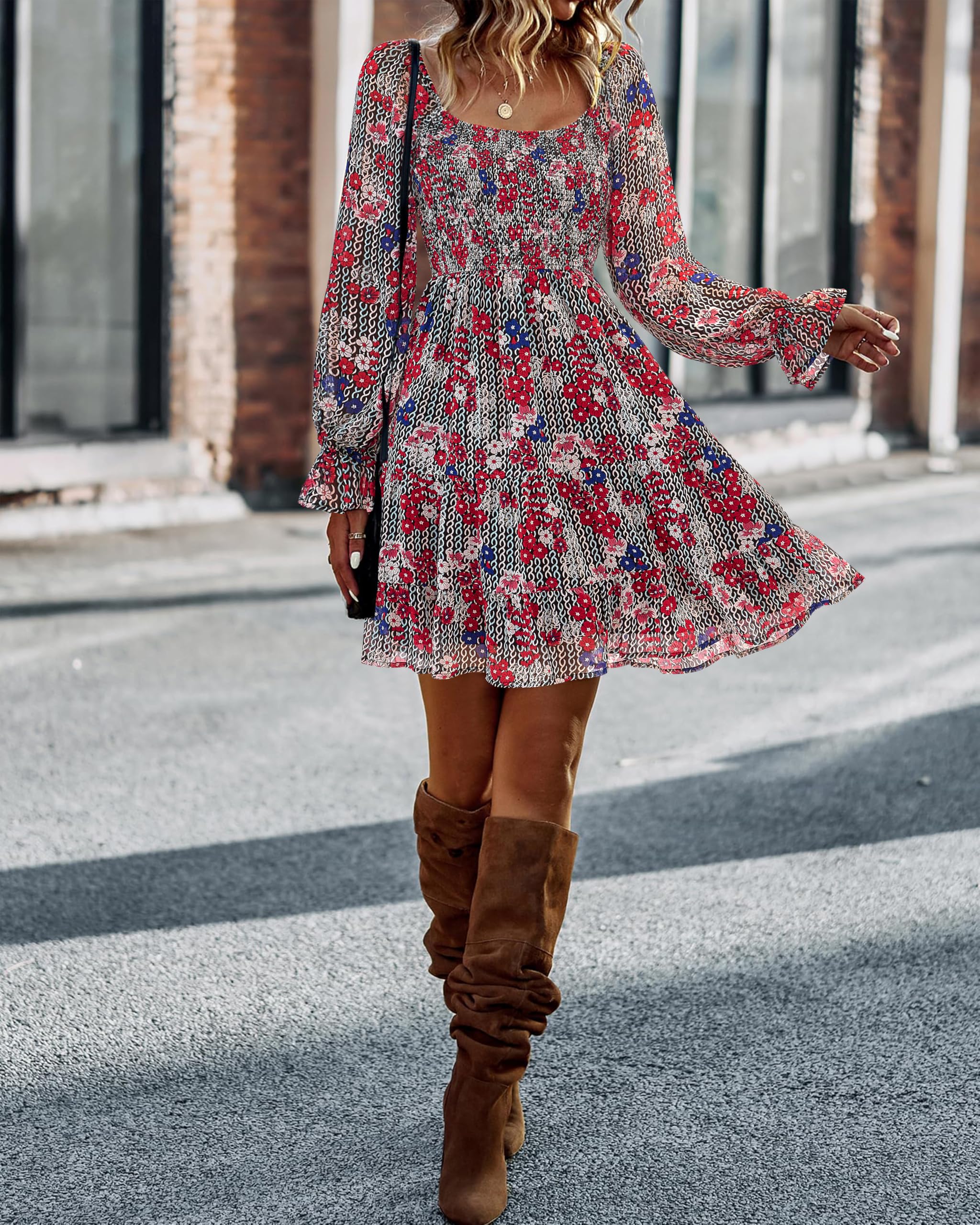 BTFBM Women's Floral Swiss Dot Boho Dress - Square Neck Smocked Long Sleeve Mini Dress for Spring Summer 2025 | Perfect for Wedding Guest, Garden Party & Casual Outings