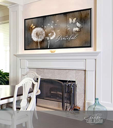 Grateful Dandelions & Butterfly Wall Art - Rustic Bedroom Decor with Floating Frame (60x27, Brown/Black) | Perfect for Boho Home Decor, Living Room Accent & Farmhouse Style Interior Design