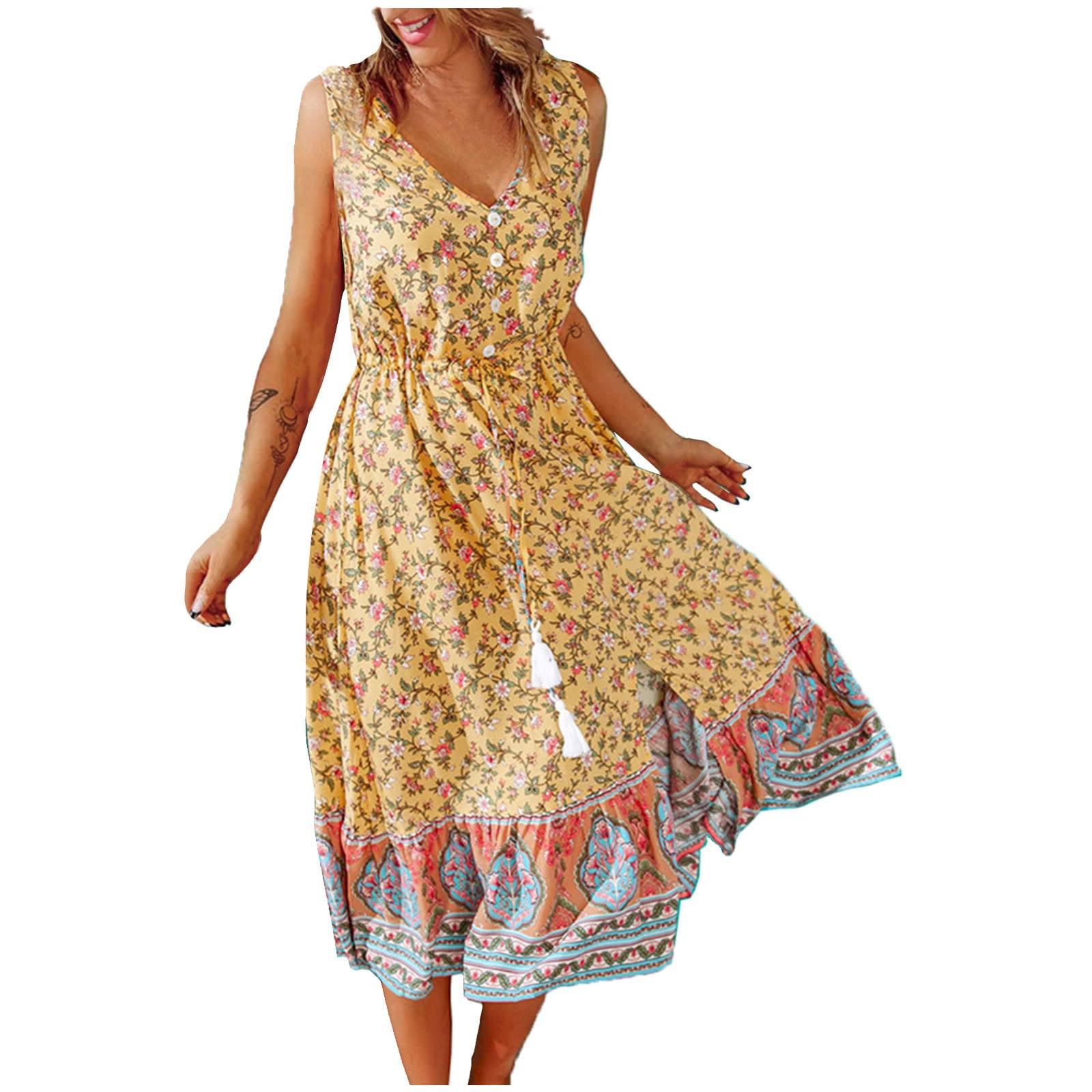 2022 Women's Summer Dresses - Sexy Casual Backless Bandage Pleated Long Dress with V-Neck & Short Sleeves | Plus Size High Waist Tie Colorful Print | Perfect for Beach Vacation, Date Night & Party Outfits