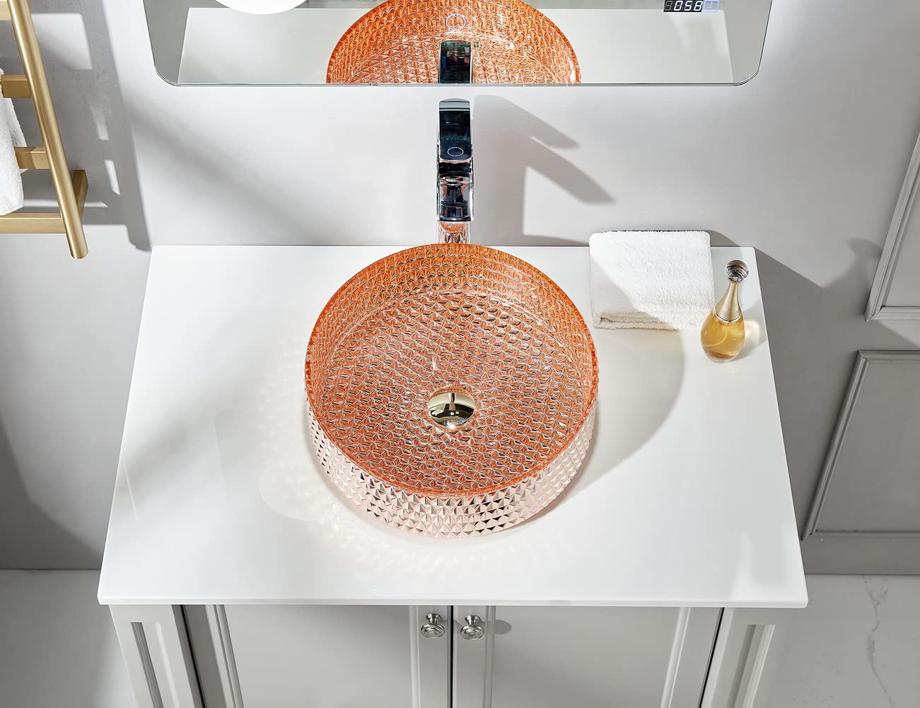 Rose Gold Sparkle Crystal Glass Vessel Sink with Pop Up Drain - Modern LIMONIUM SINENSE Vanity Countertop Sink Bowl for Bathroom Remodeling | Elegant Bathroom Upgrade for Master Suite, Guest Bath & Powder Room