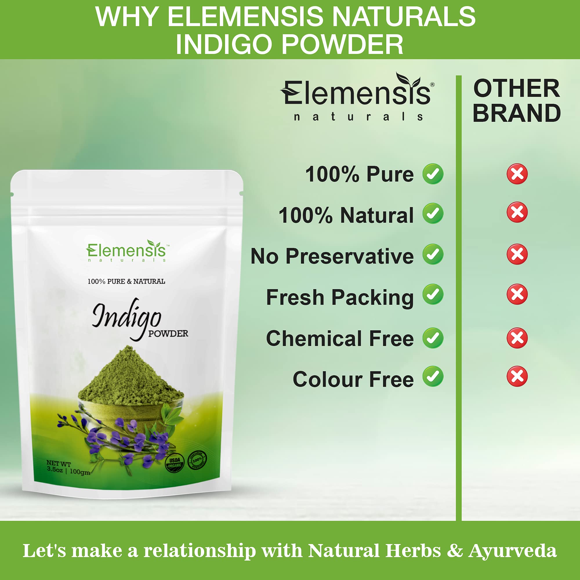 Elemensis Naturals Organic Pure Indigo Powder for Hair Coloring - Promotes Shiny, Strong Hair, Reduces Hair Fall & Dandruff (100g) | Natural Hair Dye for Gray Coverage & Healthy Hair Care at Home