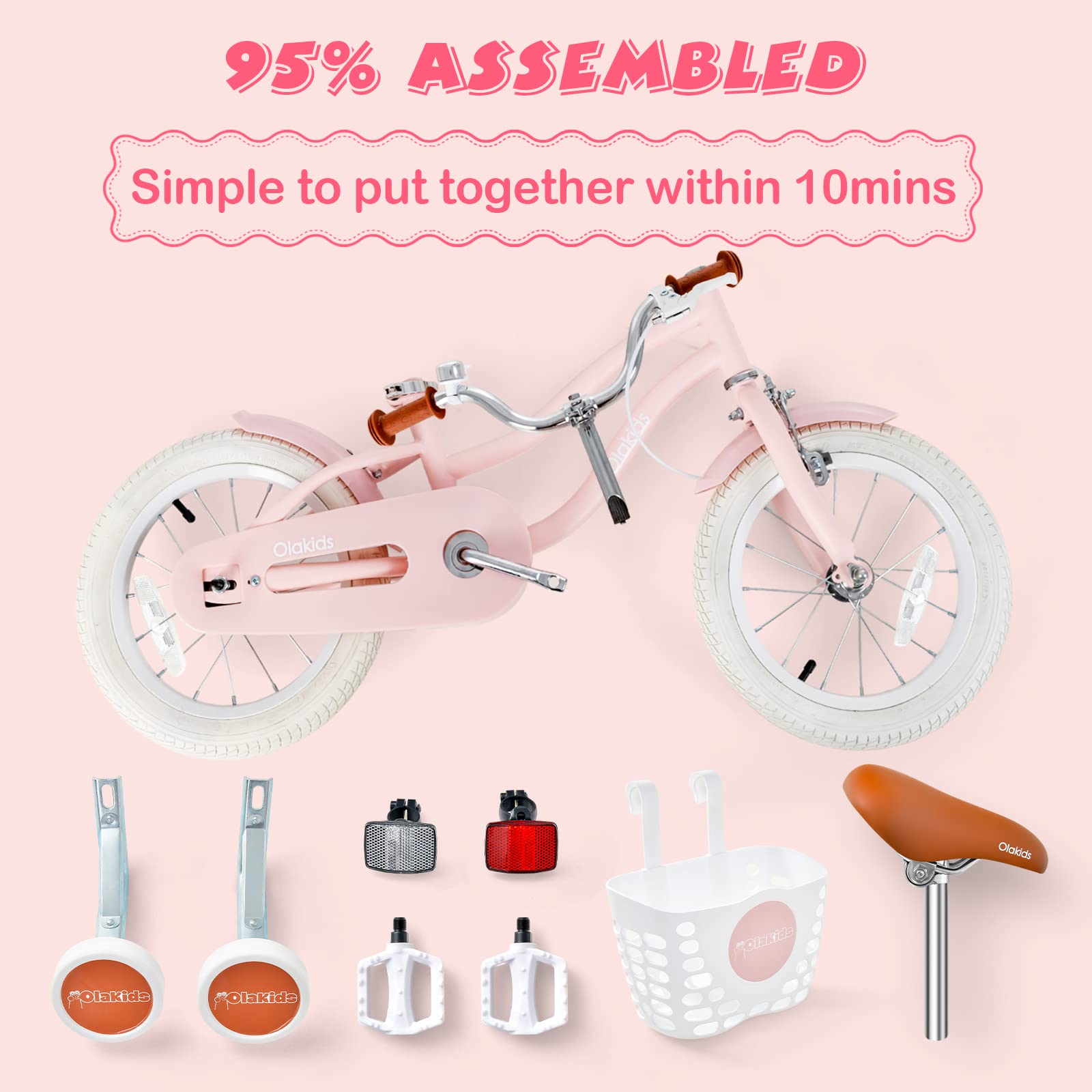 Olakids 12 14 16 18 Inch Kids Bike with Training Wheels, Adjustable Seat & Handlebar, Safety Bell & Basket - Toddler Bicycle for Boys & Girls - Perfect for Backyard Rides, Park Adventures & Learning to Cycle