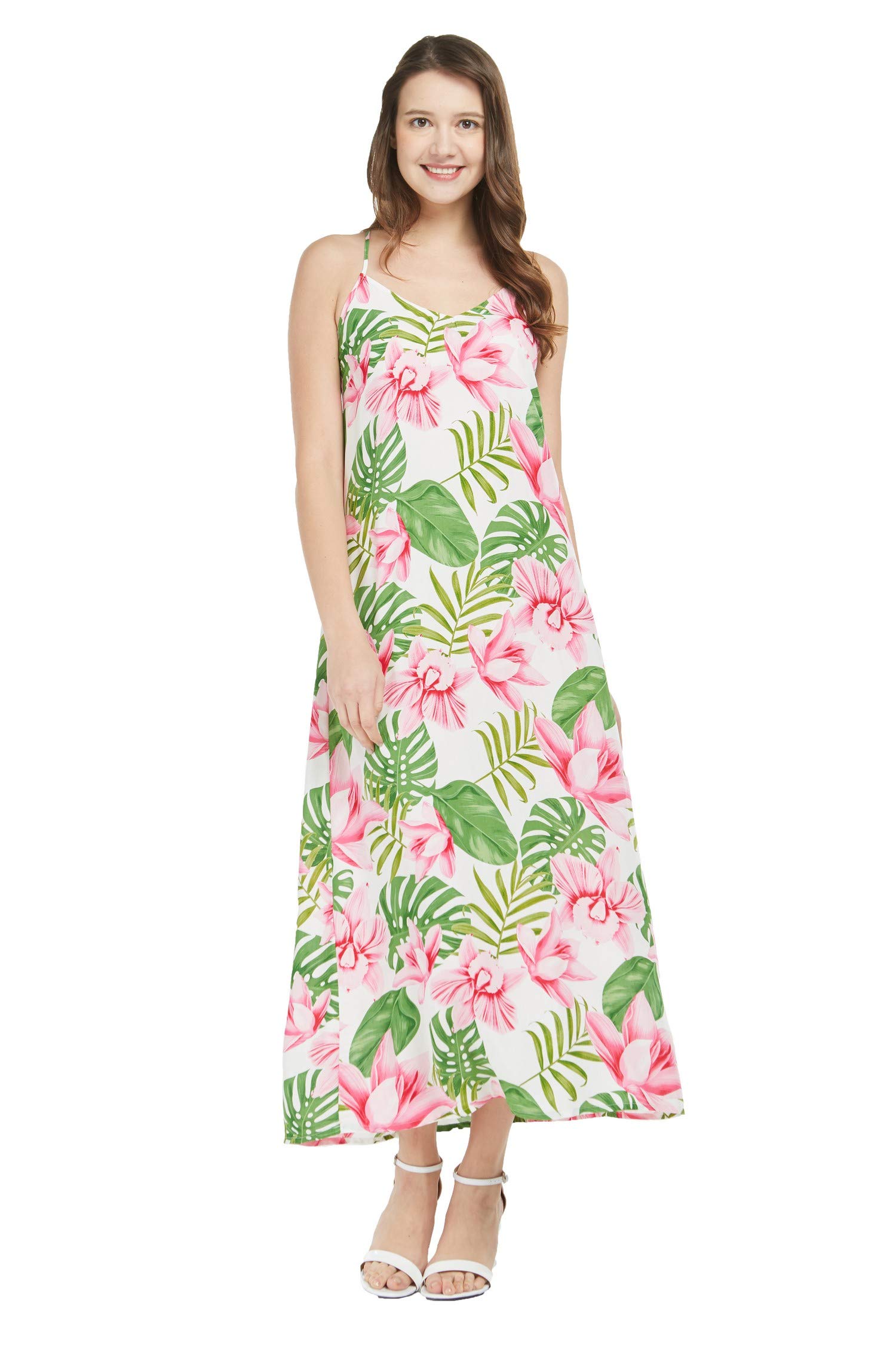 Women's Floral Hawaiian Luau Maxi Dress - Blue Hibiscus Print Sweetheart Neckline for Beach Parties, Summer Vacations & Tropical Events