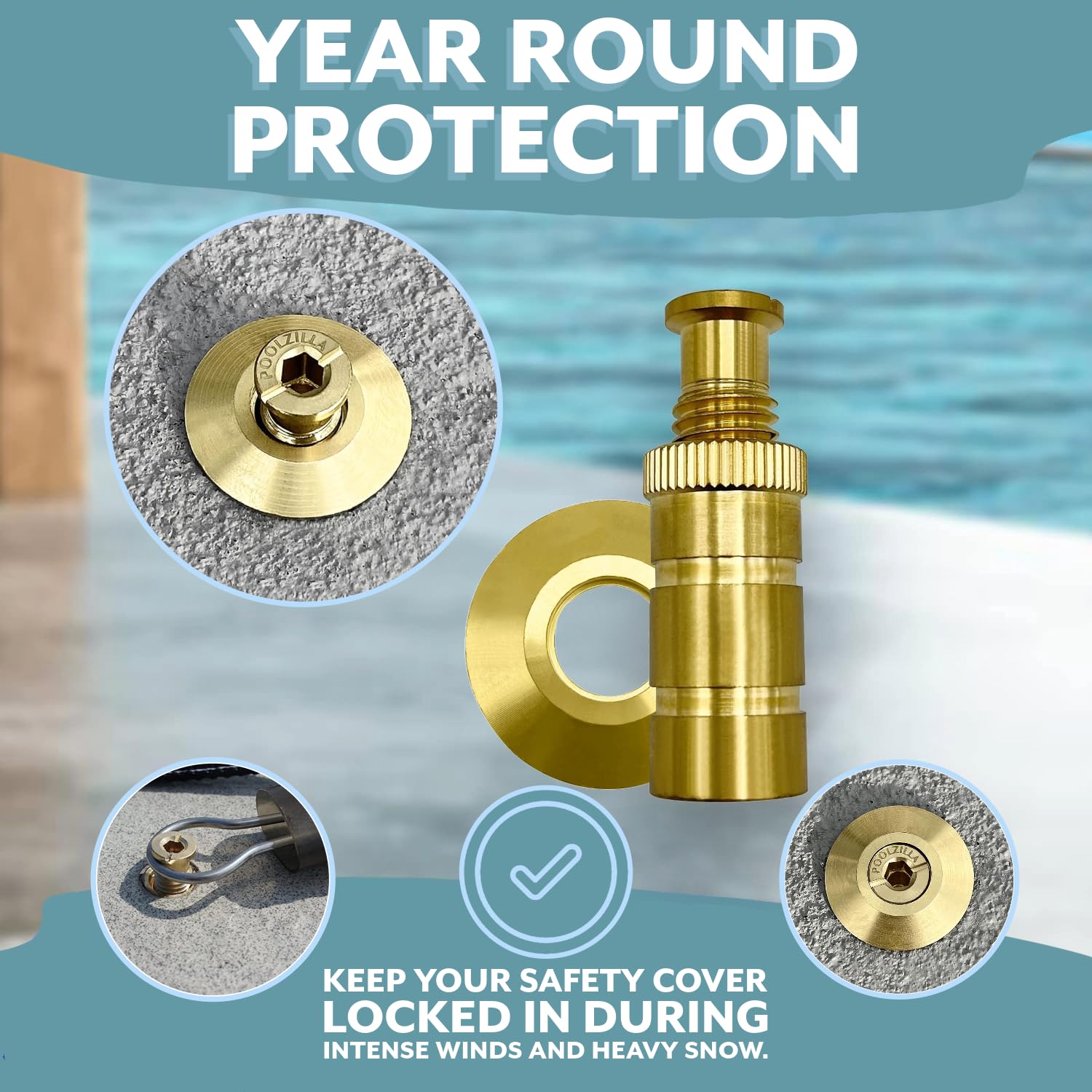 Premium Brass Pool Cover Anchors with Decorative Beauty Collar - 25 Pack for Inground Swimming Pools | Secure Winter Pool Cover Protection