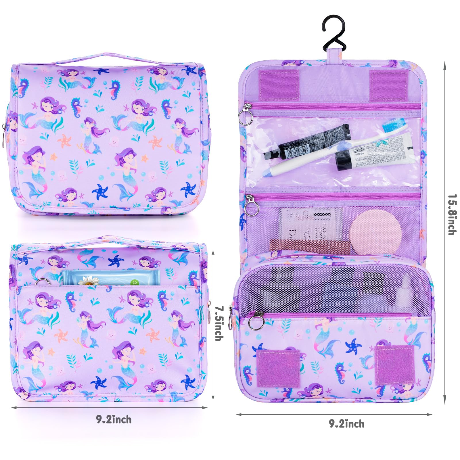 Waterproof Kids Hanging Toiletry Bag for Girls - Mermaid Purple Travel Cosmetic Organizer | Perfect for Toddler Travel, Camping & Sleepovers | Cute Makeup Wash Bag for Little Girls