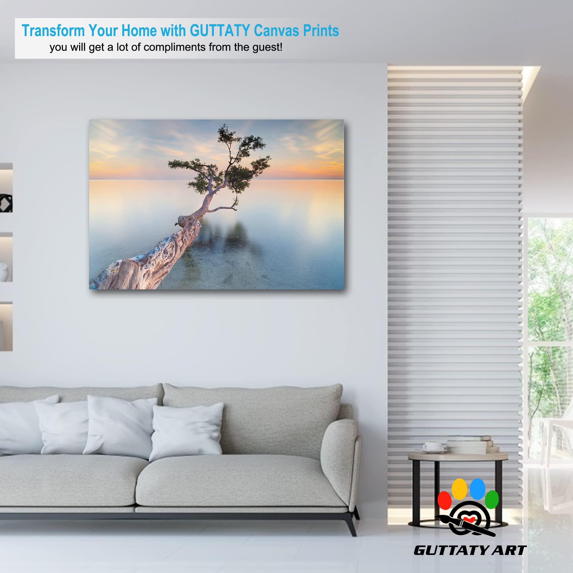 GUTTATY Large The Tree of Life and Ocean Canvas Wall Art - Coastal Beach Painting for Living Room Decor, Framed Seascape Print (32x48 Inches) | Perfect for Beach House, Office or Bedroom Wall Decoration