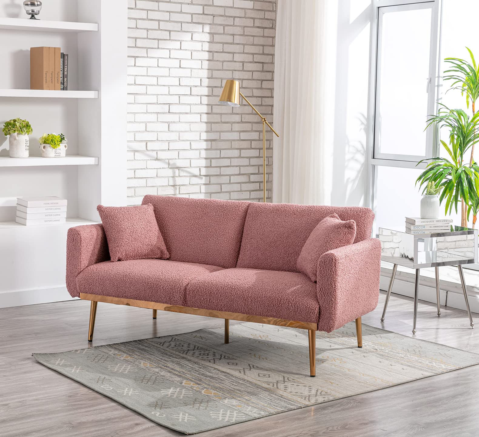 Antetek Convertible Futon Sofa Bed - 3 Adjustable Positions, Modern Upholstered Loveseat Sleeper with 2 Decorative Pillows & 5 Metal Tapered Legs in Soft Brush Pink Teddy Fabric - Perfect for Small Apartments, Guest Rooms, and Cozy Living Spaces