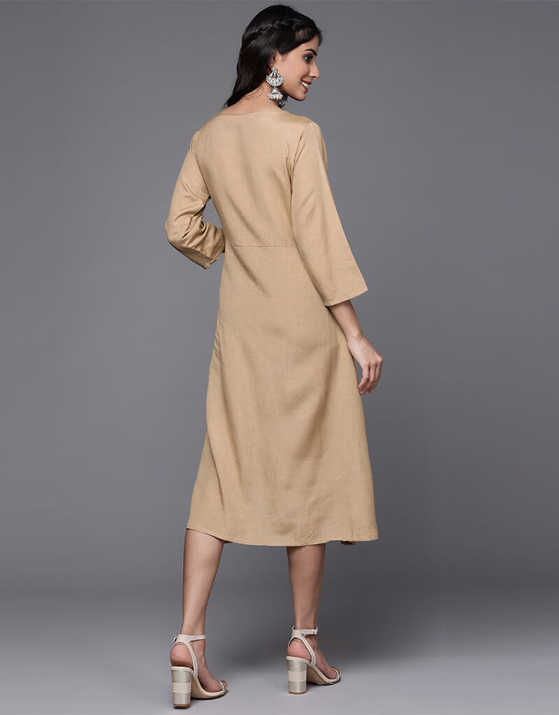 Elegant Beige Midi Dress for Women - Flowy A-Line Summer Dress with Pockets - Perfect for Office, Date Night & Beach Vacations