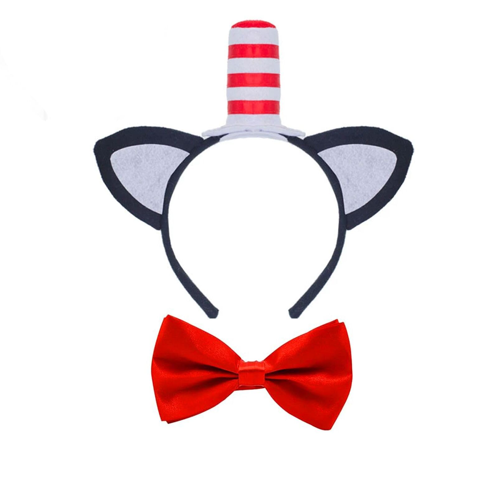 NUMJAW Dr. Seuss Hat Headbands - Cat Headband with Stovepipe Hat & Bow Tie, Book Character Costume Accessories for Halloween, Cosplay Parties, and Themed Events (Red & White)