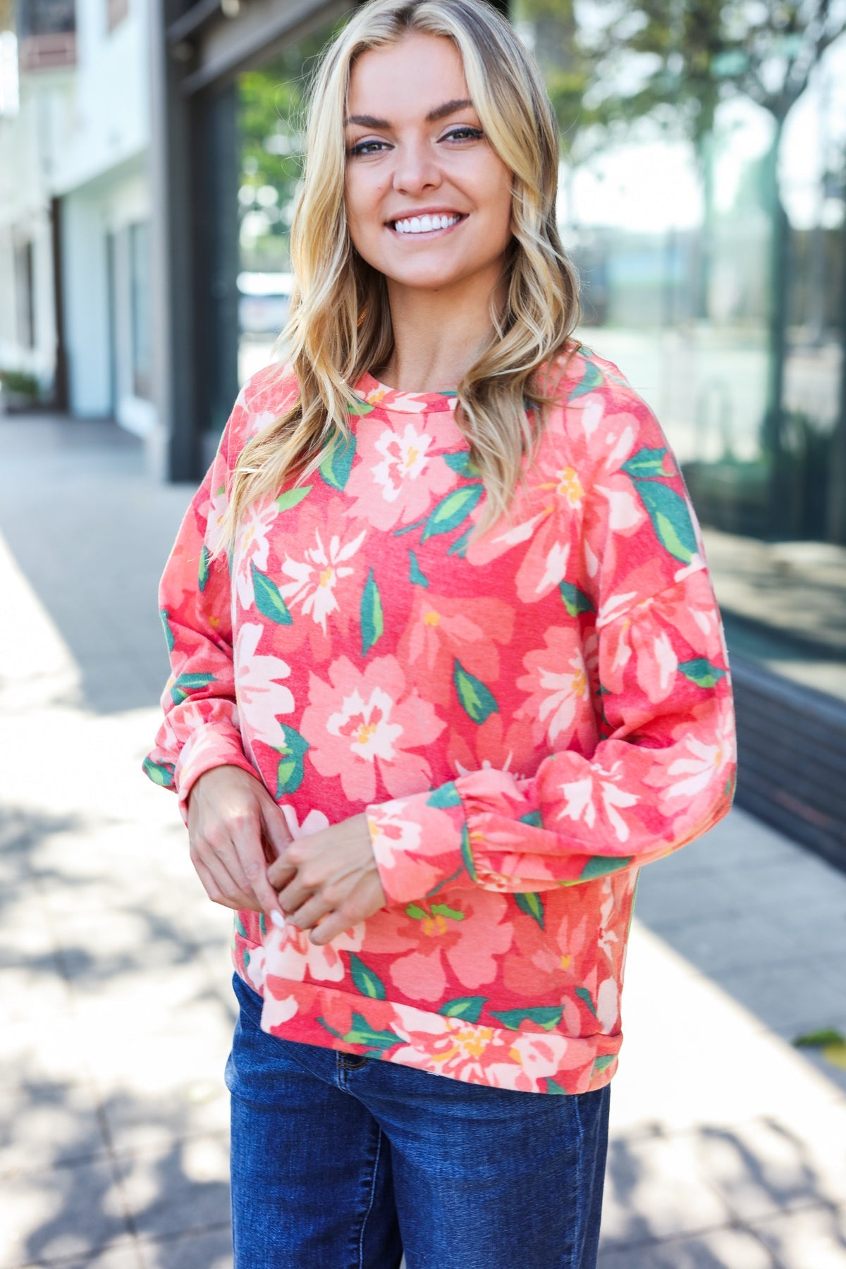 Stylish Red Floral Brushed Hacci Sweater Top for Women | Soft Comfortable Knit Pullover | Perfect for Fall Outfits, Date Nights & Casual Wear