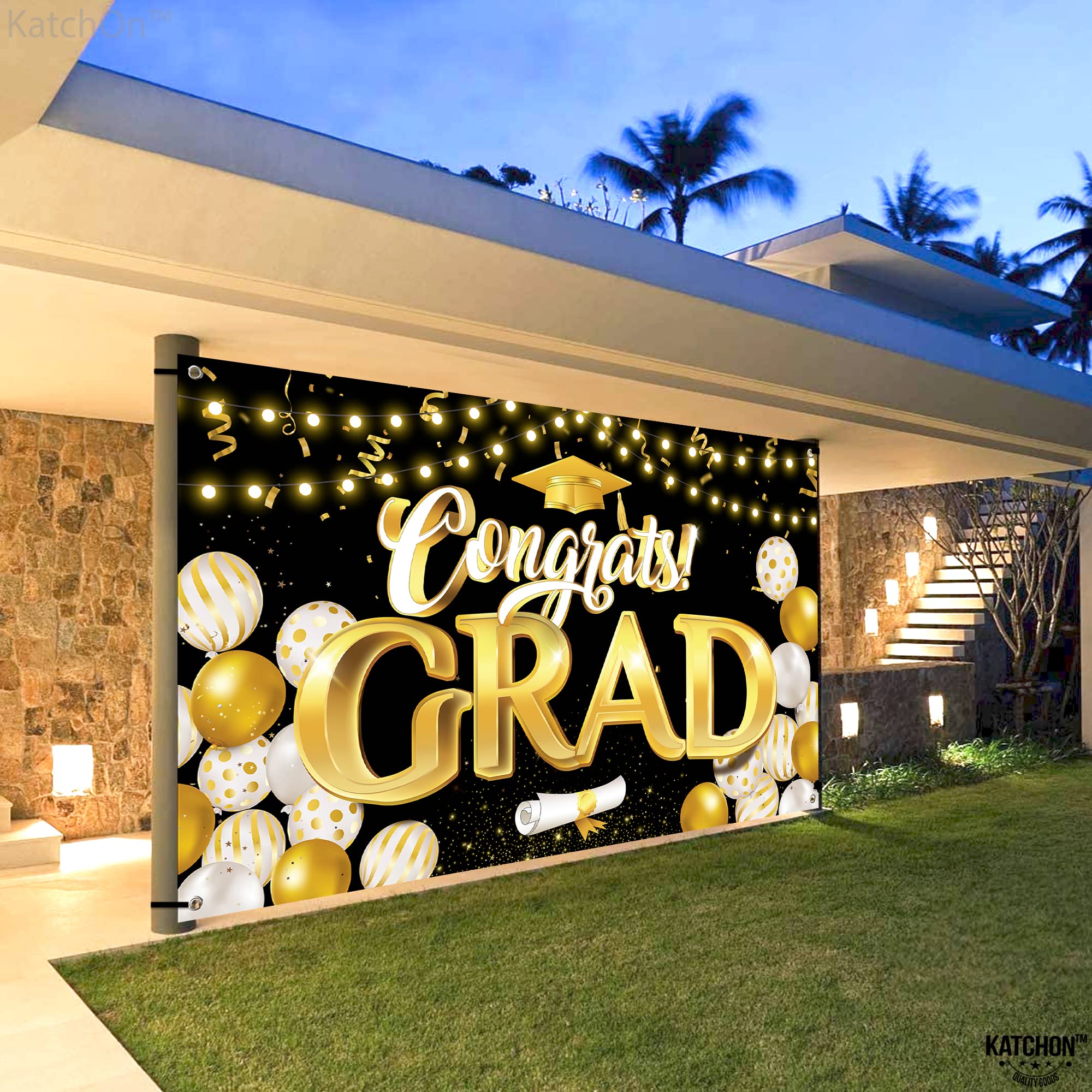 KatchOn Black & Gold Extra Large Graduation Banner 72x44 Inch - Class of 2025 Party Decor, Backdrop for Graduation Ceremony | Perfect for Graduation Party Decorations, Photo Booth Background, School Events & Home Celebration