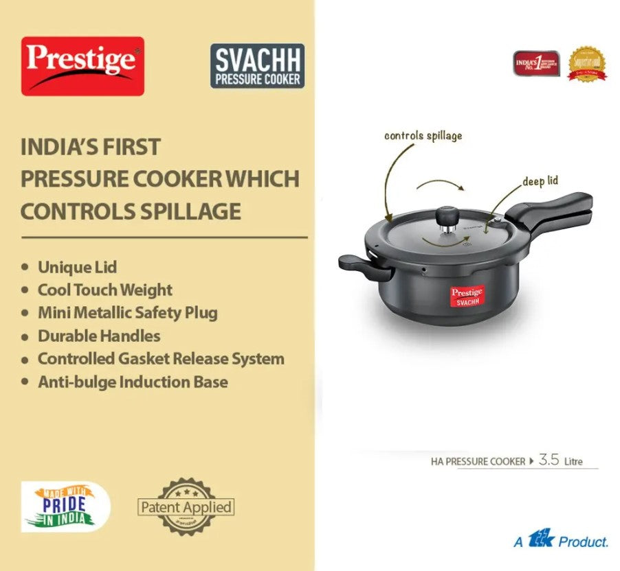 Prestige Svachh Hard Anodized Pressure Cooker 3.5L - Fast & Safe Cooking for Indian, Asian & American Cuisine | Perfect for Home, Kitchen & Restaurant Use