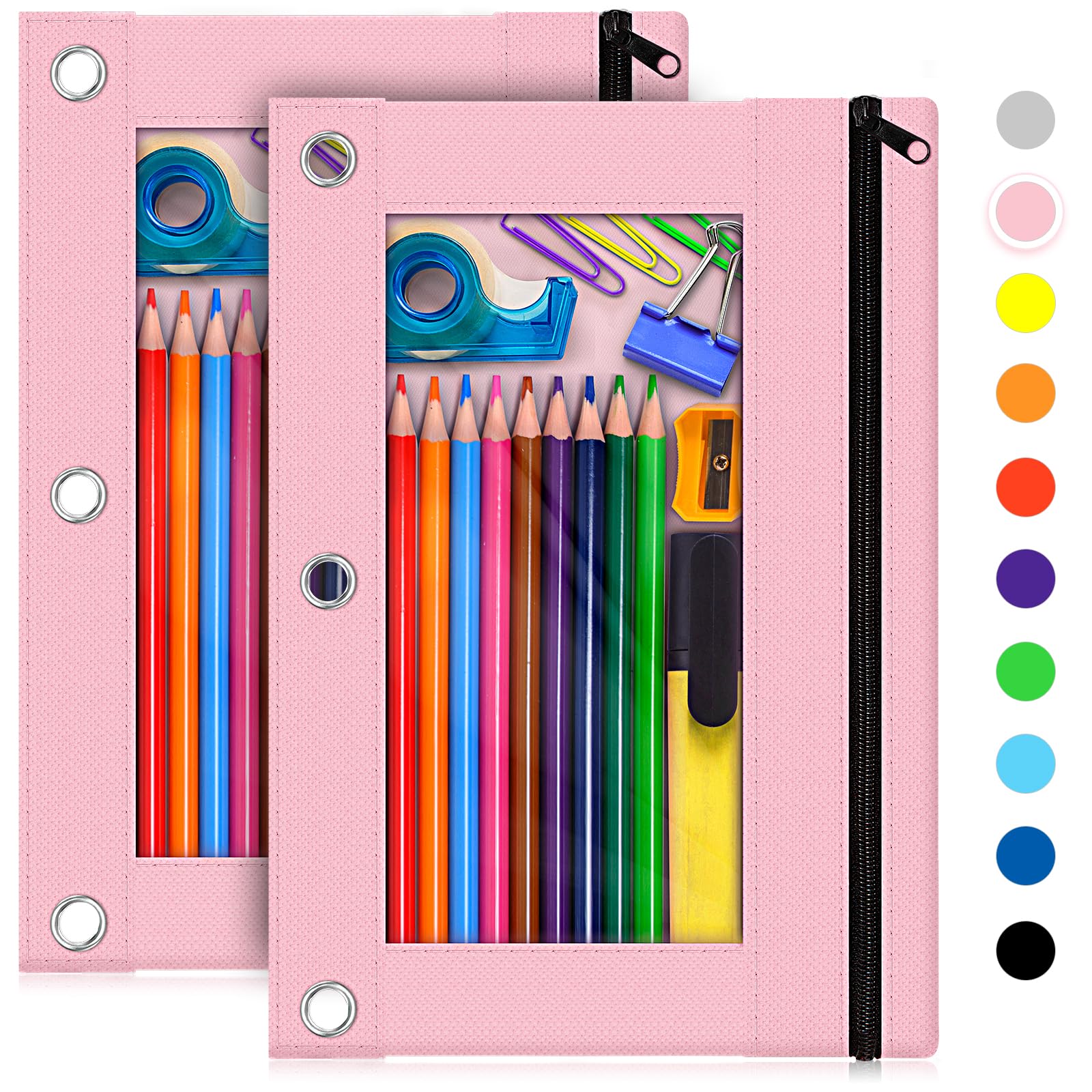 Officygnet 2-Pack Zippered Pencil Pouch for 3-Ring Binder - Clear Window School & Office Supply Organizer - Cloth Pencil Case with 3-Hole Binder Fit (Pink) - Perfect for Students, Teachers & Office Organization