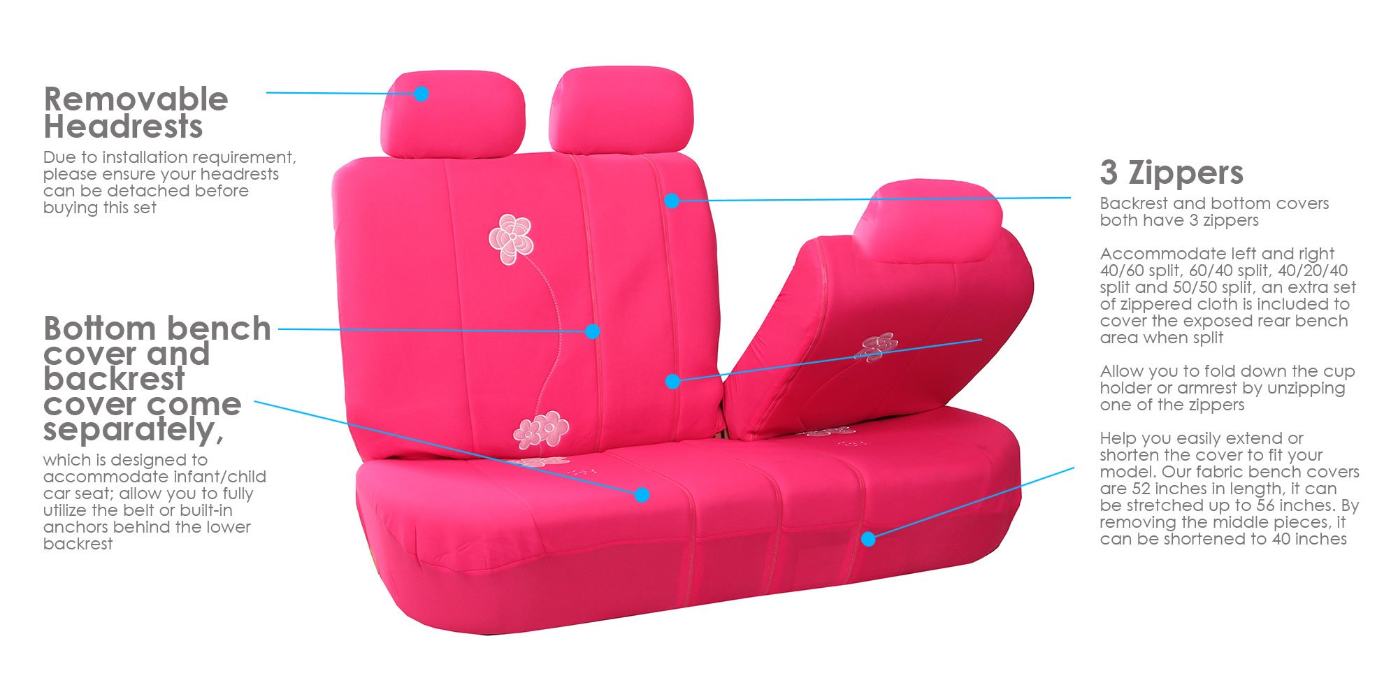 FH Group Floral Pink Car Seat Covers Full Set - Universal Fit Airbag Compatible Split Rear Seat Protector for Cars, Trucks & SUVs | Durable Interior Accessories for Comfort & Style in Daily Commute & Road Trips