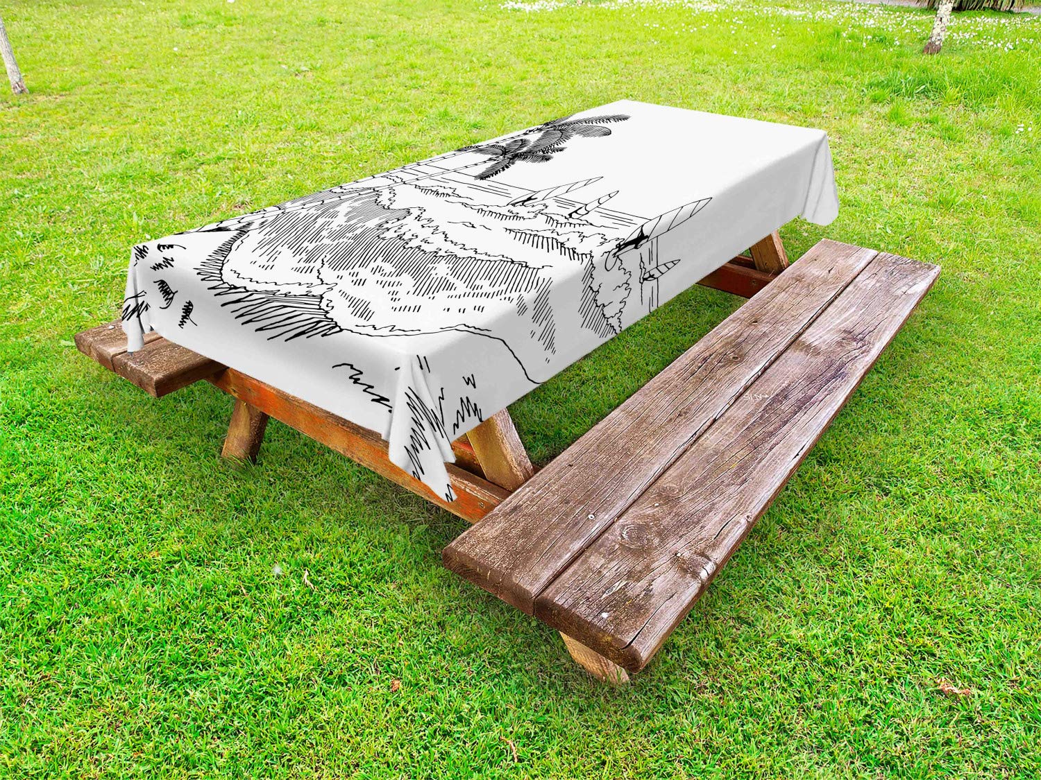 Lunarable Extreme Sports Outdoor Tablecloth - Monochrome Wind Surfing Design with Tropical Palm Trees & Ocean Sketch - Washable Picnic Table Cover 58x84 Inches Black & White - Perfect for Beach Parties, BBQs & Outdoor Dining