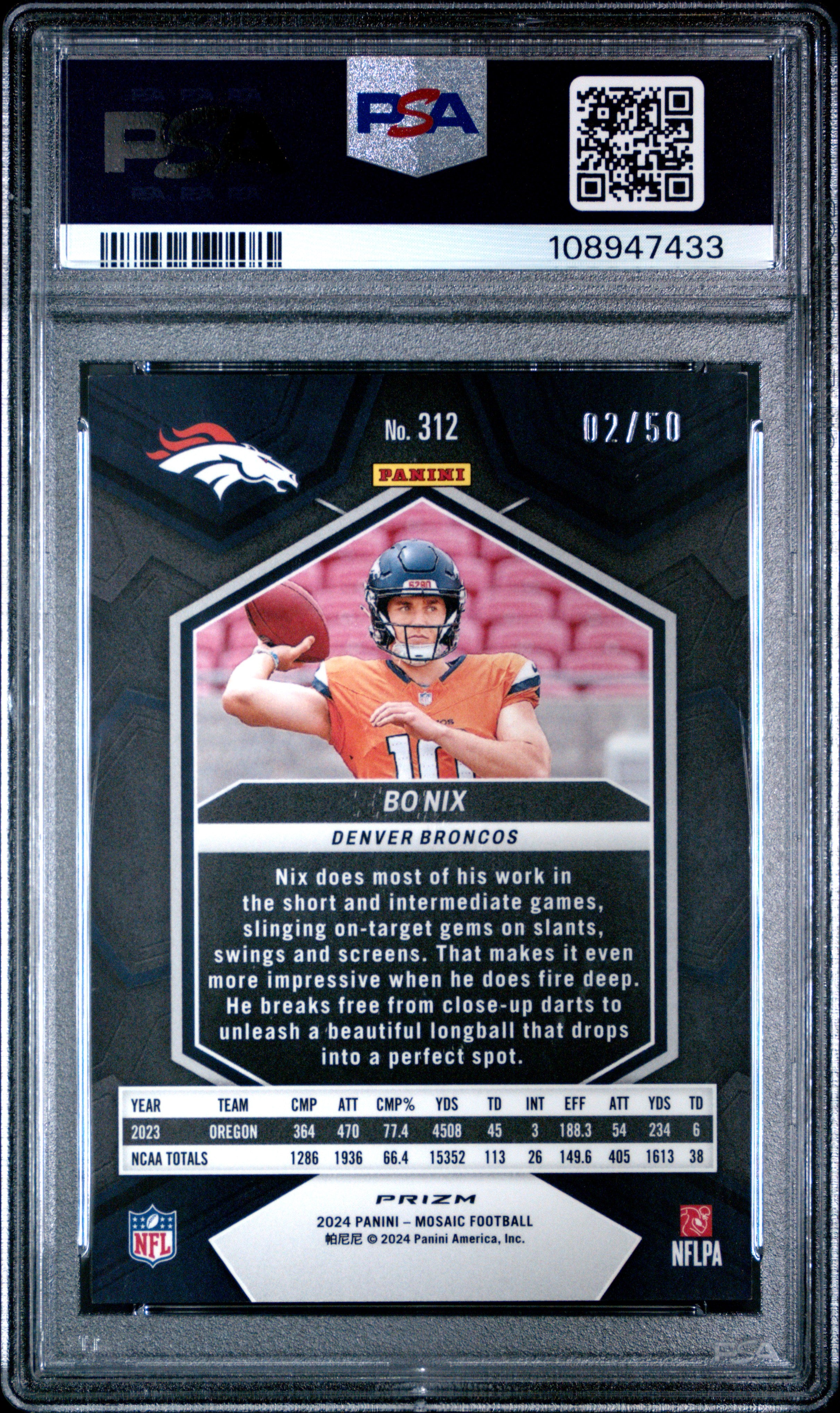 2024 Panini Mosaic Bo Nix Purple No Huddle #312 PSA 8 Football Trading Card - Perfect for Collectors, Investors & Sports Fans - Display, Trade or Invest in Rare NFL Memorabilia