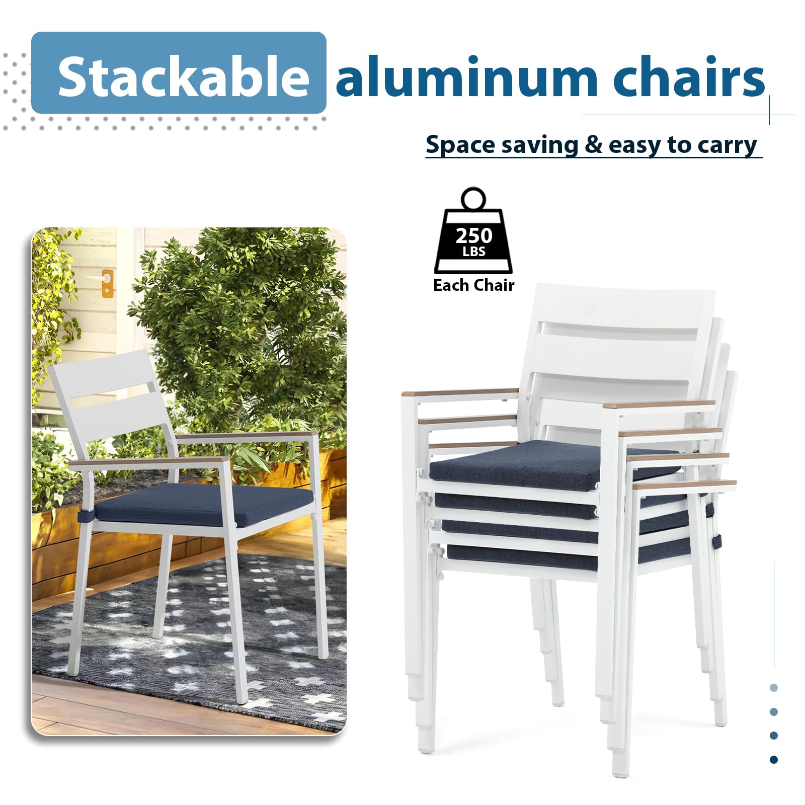 JOIVI 4-Piece Patio Aluminum Chair Set - Stackable Outdoor Dining Chairs with Armrests & Cushions for Garden, Backyard, Lawn - Navy Blue Indoor/Outdoor Use for Kitchen, Poolside, Deck & Restaurant