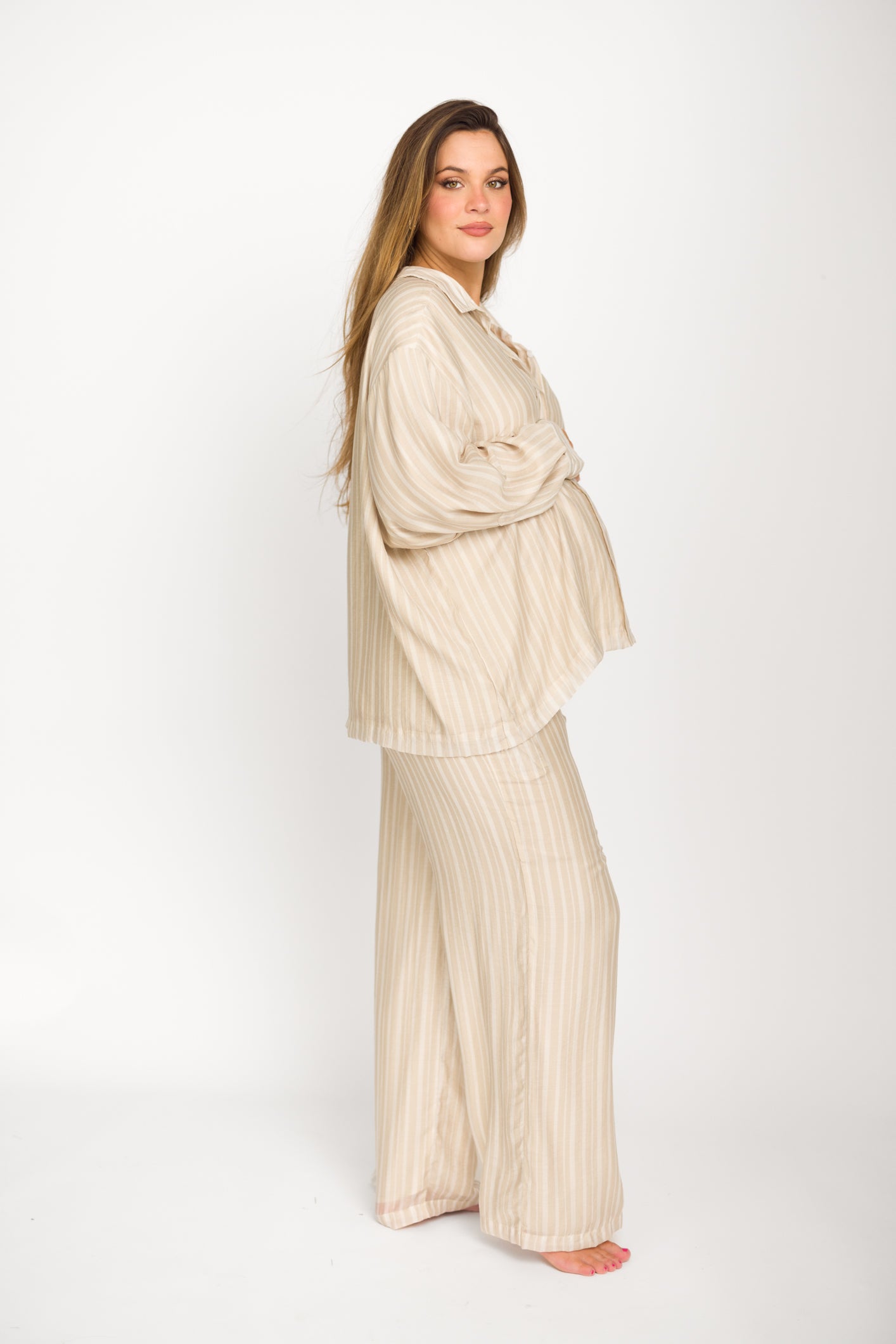 Sloane Striped Nursing-Friendly Button Down Shirt & Pants Set in Natural - Comfortable Maternity Outfit for Breastfeeding Moms