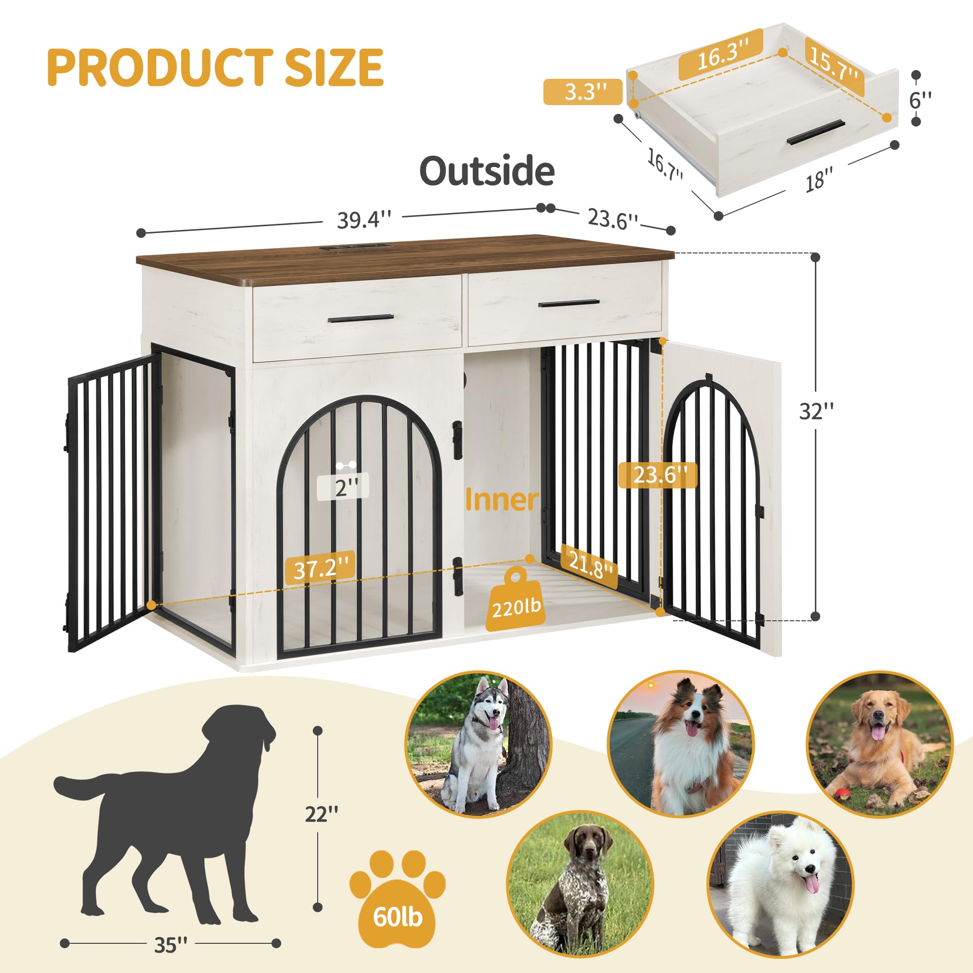 39.4'' Wooden Dog Crate Furniture with 2 Drawers & Charging Station - Indoor Dog Kennel Cage Side End Table for Medium/Large Dogs - White Brown DFC84214B - Perfect for Living Room, Bedroom & Home Office Decor
