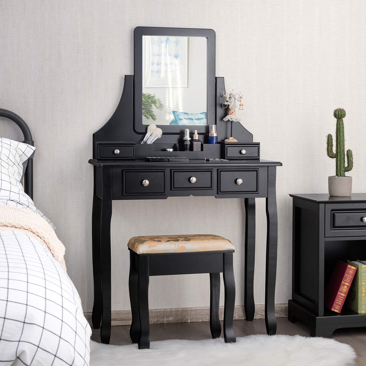 Charmaid Vanity Makeup Table Set with Mirror & Cushioned Stool - 5-Drawer Dressing Table with Removable Storage Organizers - Elegant Black Makeup Vanity for Women & Girls - Perfect for Bedroom, Dorm Room & Beauty Salon