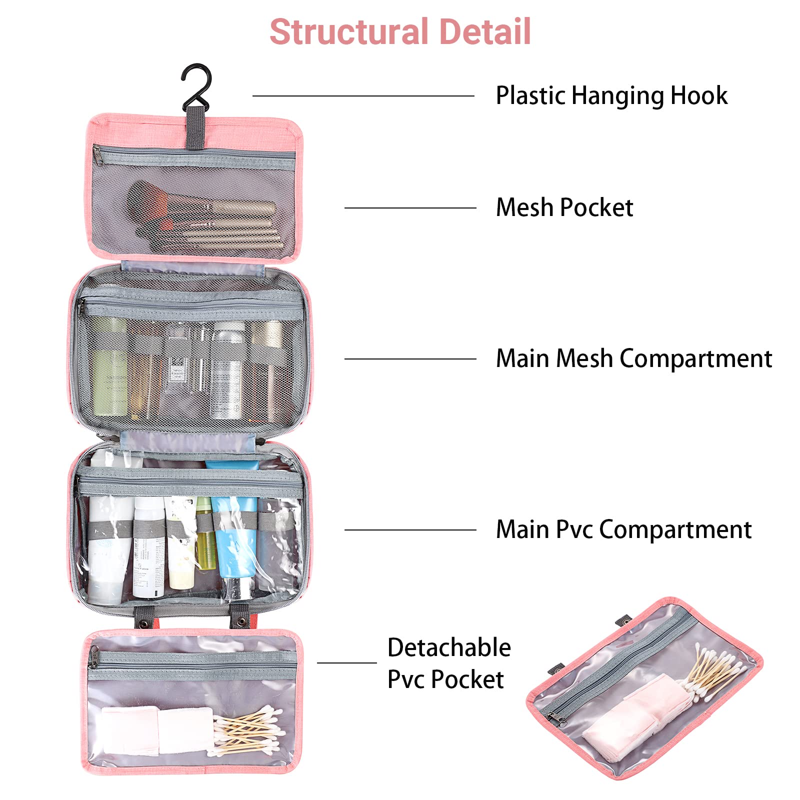IGNPION Hanging Travel Toiletry Bag - Foldable Waterproof Cosmetic Organizer for Women & Men - 4 Compartments Makeup Shaving Gym Bag (Pink) - Perfect for Travel, Camping, and Daily Use