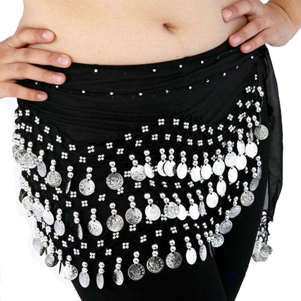 Elegant Chiffon Belly Dance Hip Scarf with Silver Coins - Vogue Style Black for Women | Perfect for Belly Dancing, Yoga, and Festival Performances