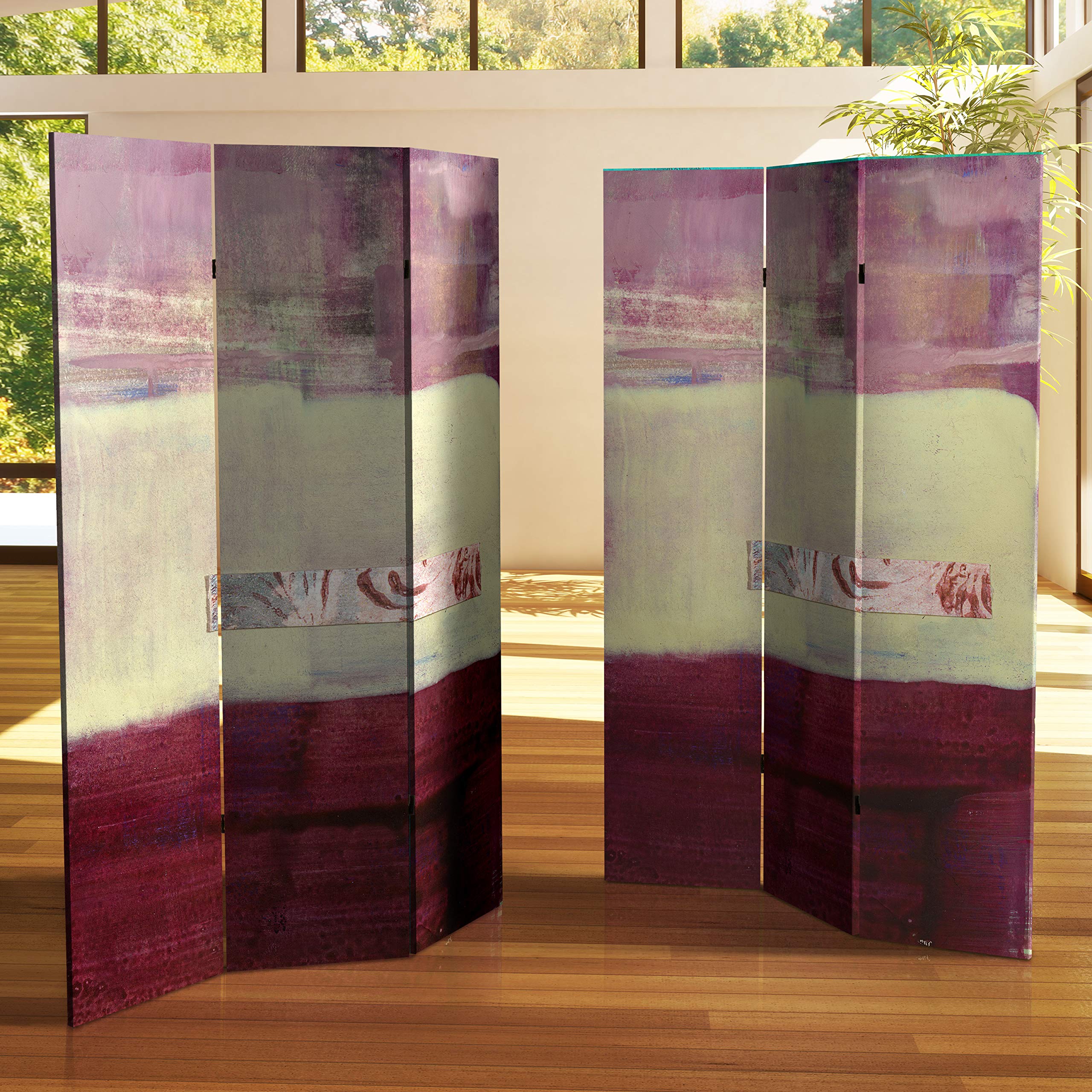 6 ft. Tall Double Sided Beige & Gray Pale Forest Canvas Room Divider - Handmade Red Lantern Design for Living Room, Bedroom Partition & Home Decor