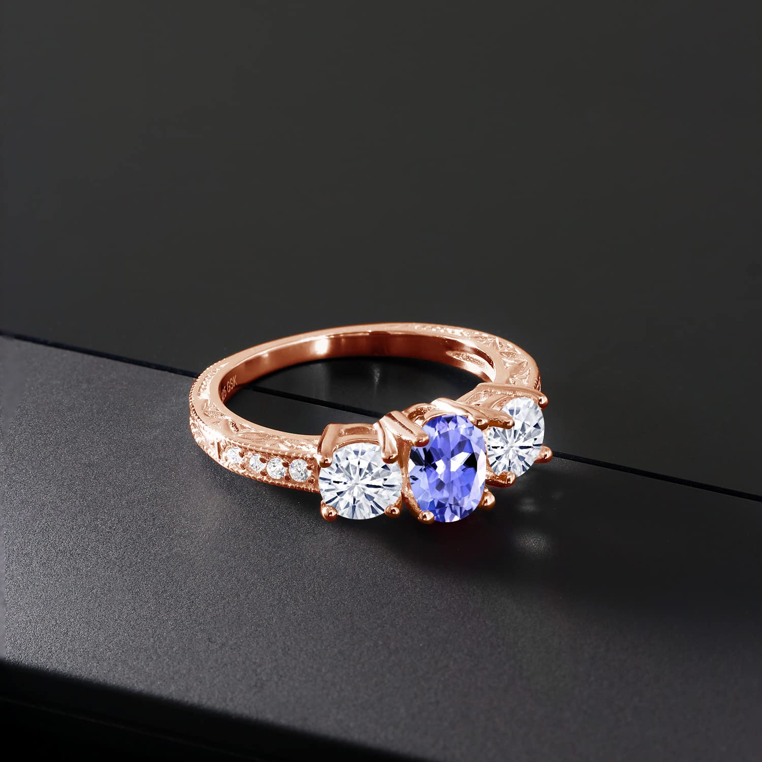 18K Rose Gold Plated Silver 3-Stone Tanzanite & Moissanite Ring (1.87 Cttw) - Elegant Jewelry for Engagement, Wedding & Special Occasions | Gem Stone King