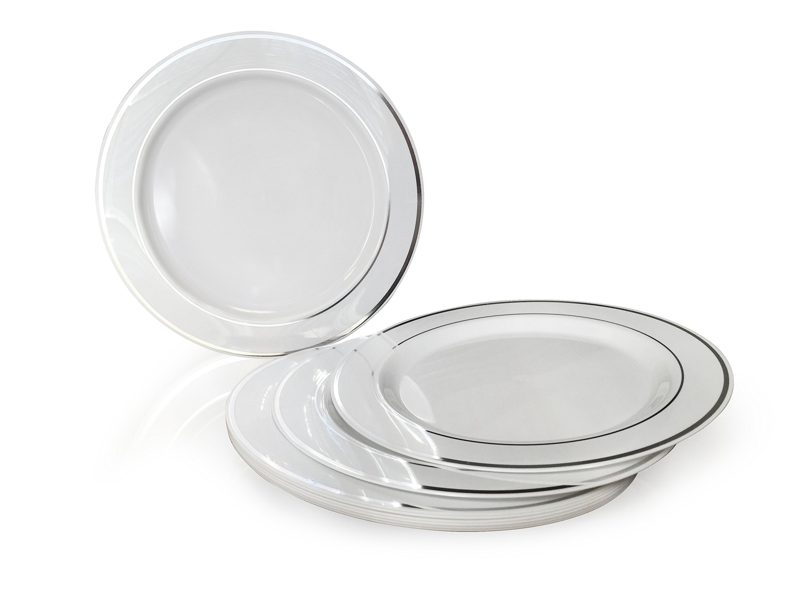 600 Pcs Wedding Disposable Plastic Plate & Silverware Set - White & Silver Rim Plates with Silver Cutlery - Perfect for Weddings, Parties, and Special Events