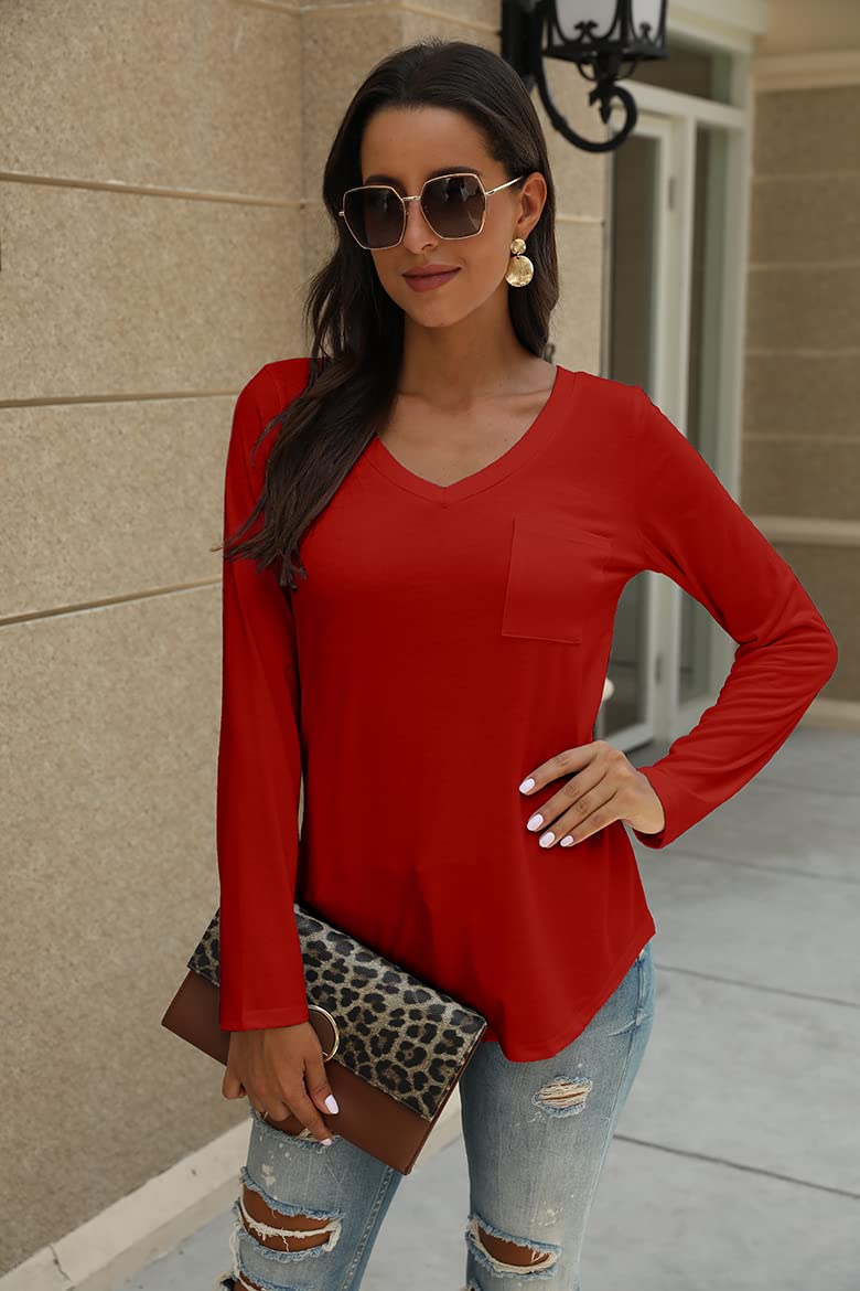 Tobrief Women's Long Sleeve V-Neck Casual T-Shirt with Pocket - Loose Fit Comfortable Blouse for Everyday Wear, Work & Outings